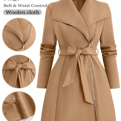 Plus Size Women's Elegant Belted Coat, Chic Casual Fall & Winter Long Sleeve Zip Front Lapel Outerwear for Work and Going Out, Autumn Winter Outerwear