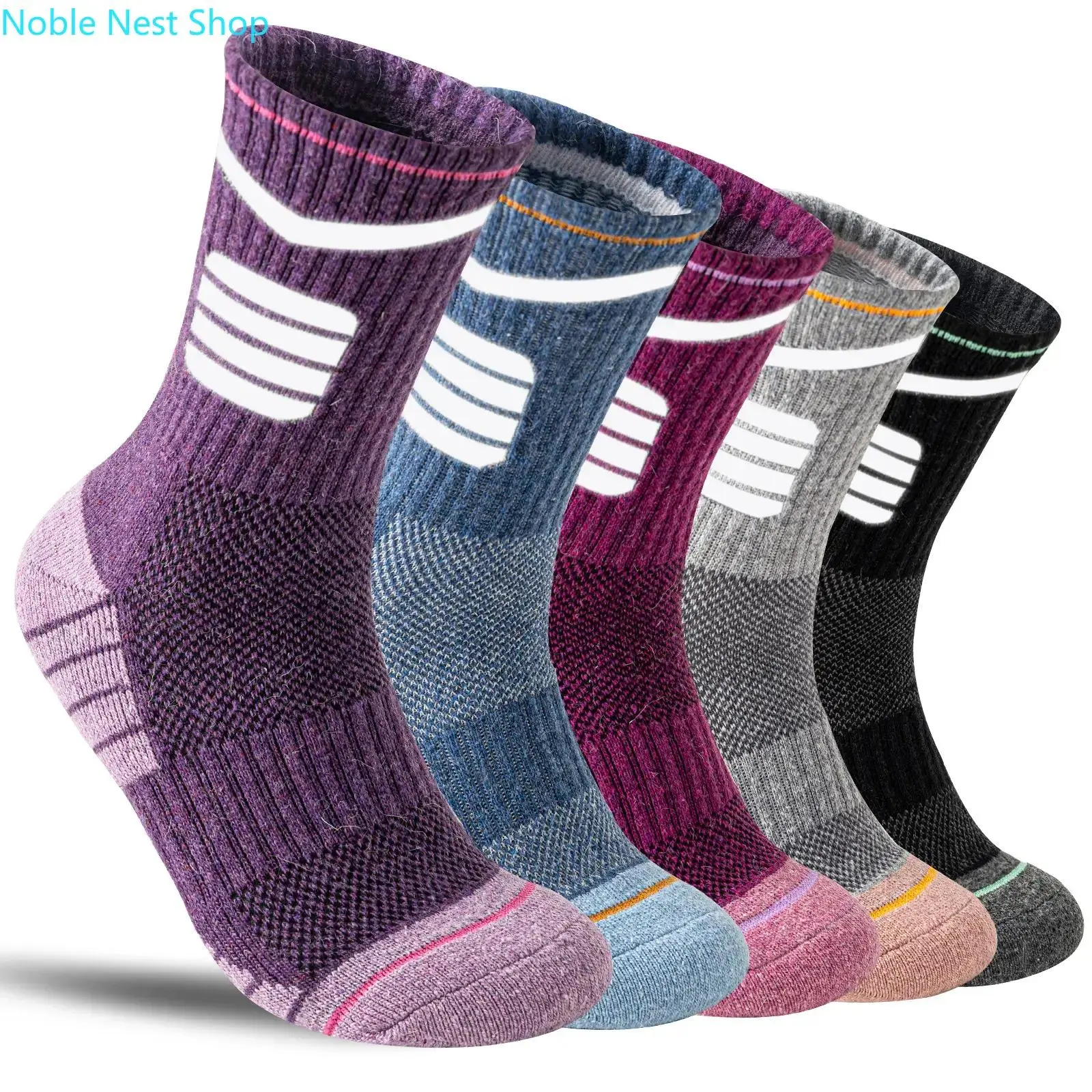 5 Pairs Unisex Athletic Hiking Socks, Cushioned Merino Wool Crew with Moisture Wicking for Outdoor Trail Running, Athletic Socks