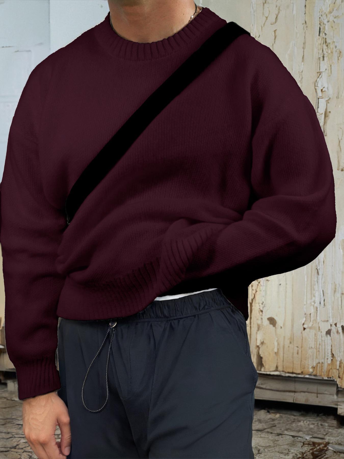 Men's Solid Color Crew Neck Sweater, Casual Fashion Long Sleeve Jumper for Fall & Winter, Men's Knitwear for Daily Wear, Knitted Pullover, Tops