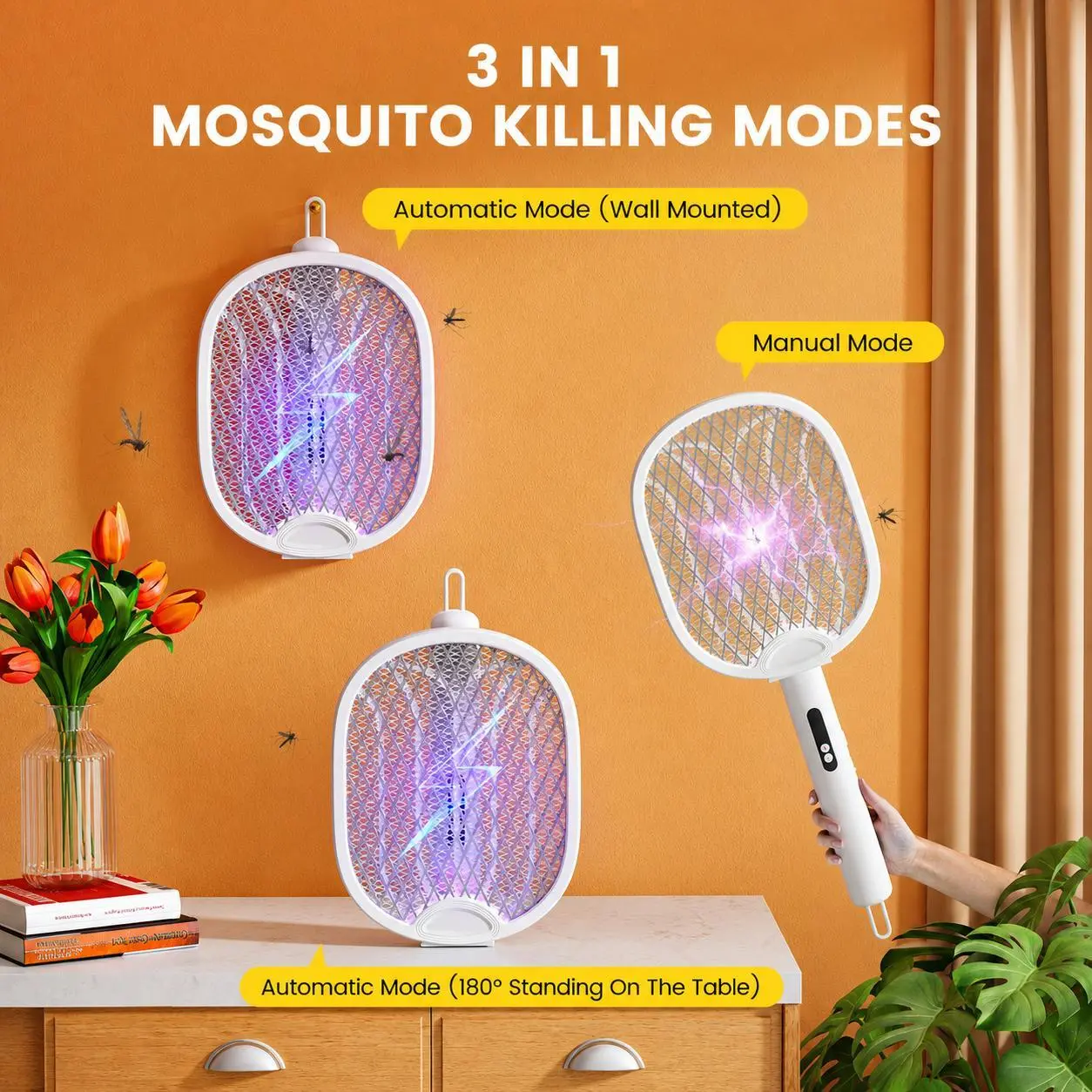 3-in-1 Foldable Compact Wireless Mosquito Zapper Racket, 4000V Power Electric Fly Swatter with 1800mAh Rechargeable Battery, Type-C Charging Bug Zapper with Wall Mount & Stand, Double Switch Safe Pest Control for Home & Patio