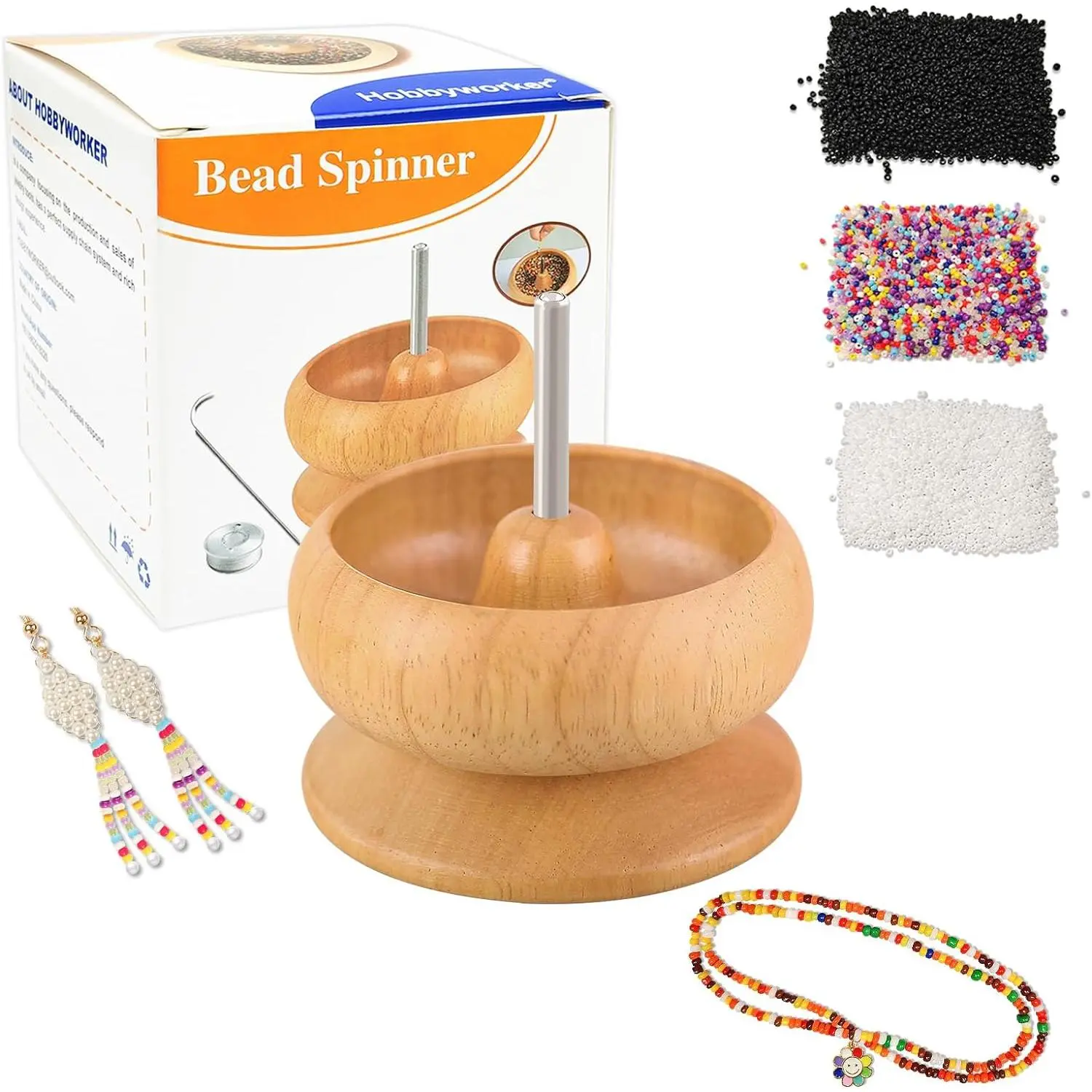Upgrade Wooden Bead Spinner with 2 count Big ,8000 Pcs Seed Beads and 1   Pack for  Making Tools, Stringing Beads Tool, Manual Operated
