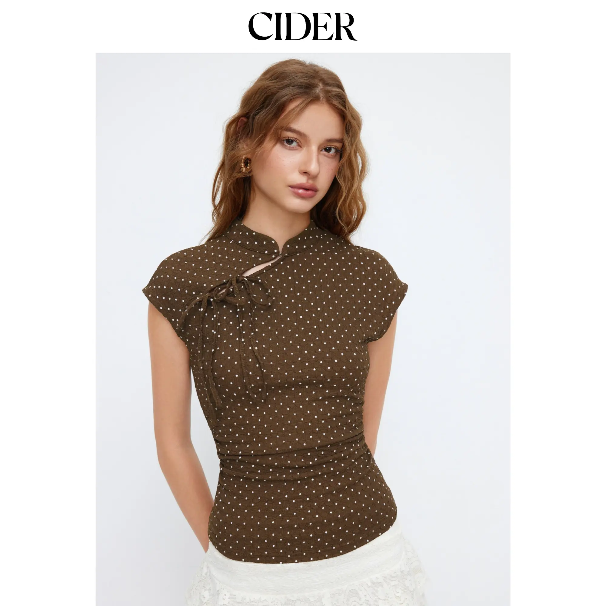 Cider Polka Dot Mandarin Collar Short Sleeve Knotted Ruched Top