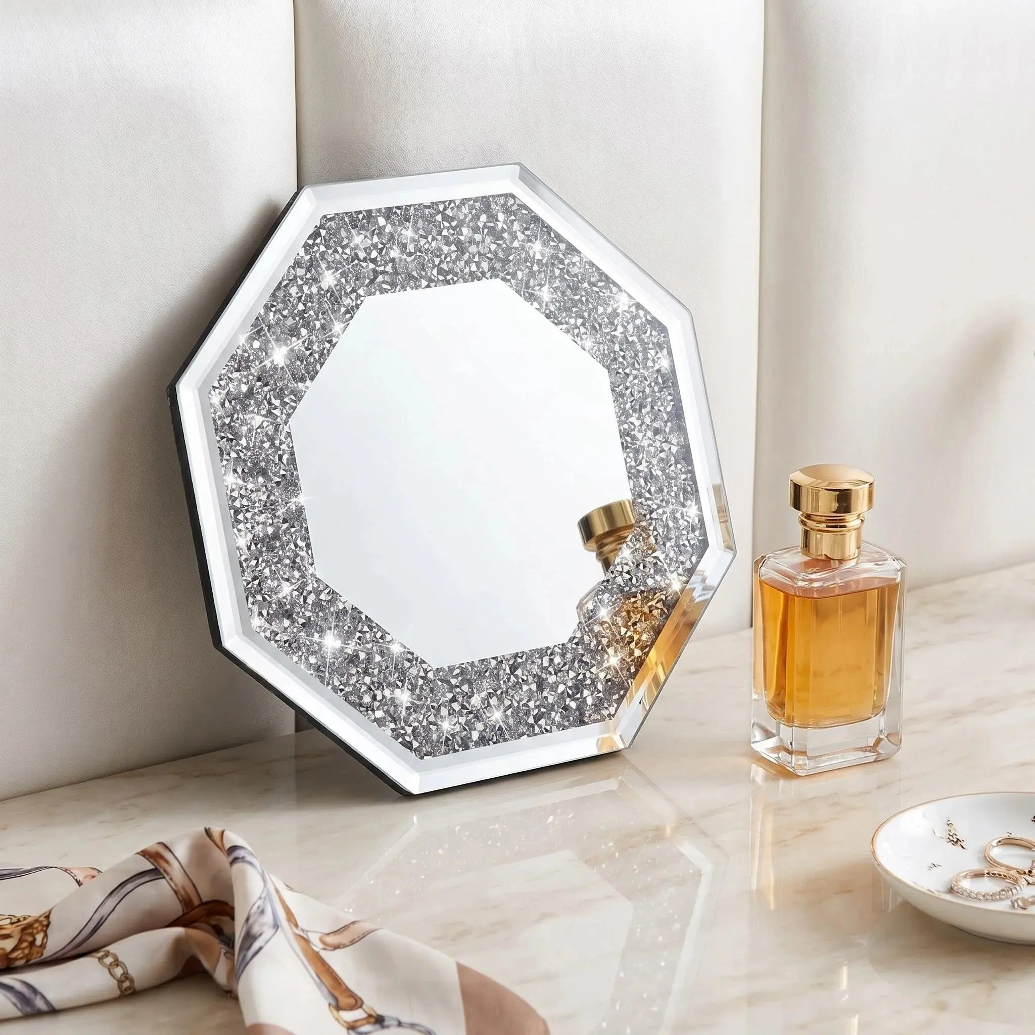European Modern Diamond Eight Border Makeup Mirror, Wall-Mounted Vanity Mirror, Elegant Design, Perfect for Home Decor, Decorative Mirrors