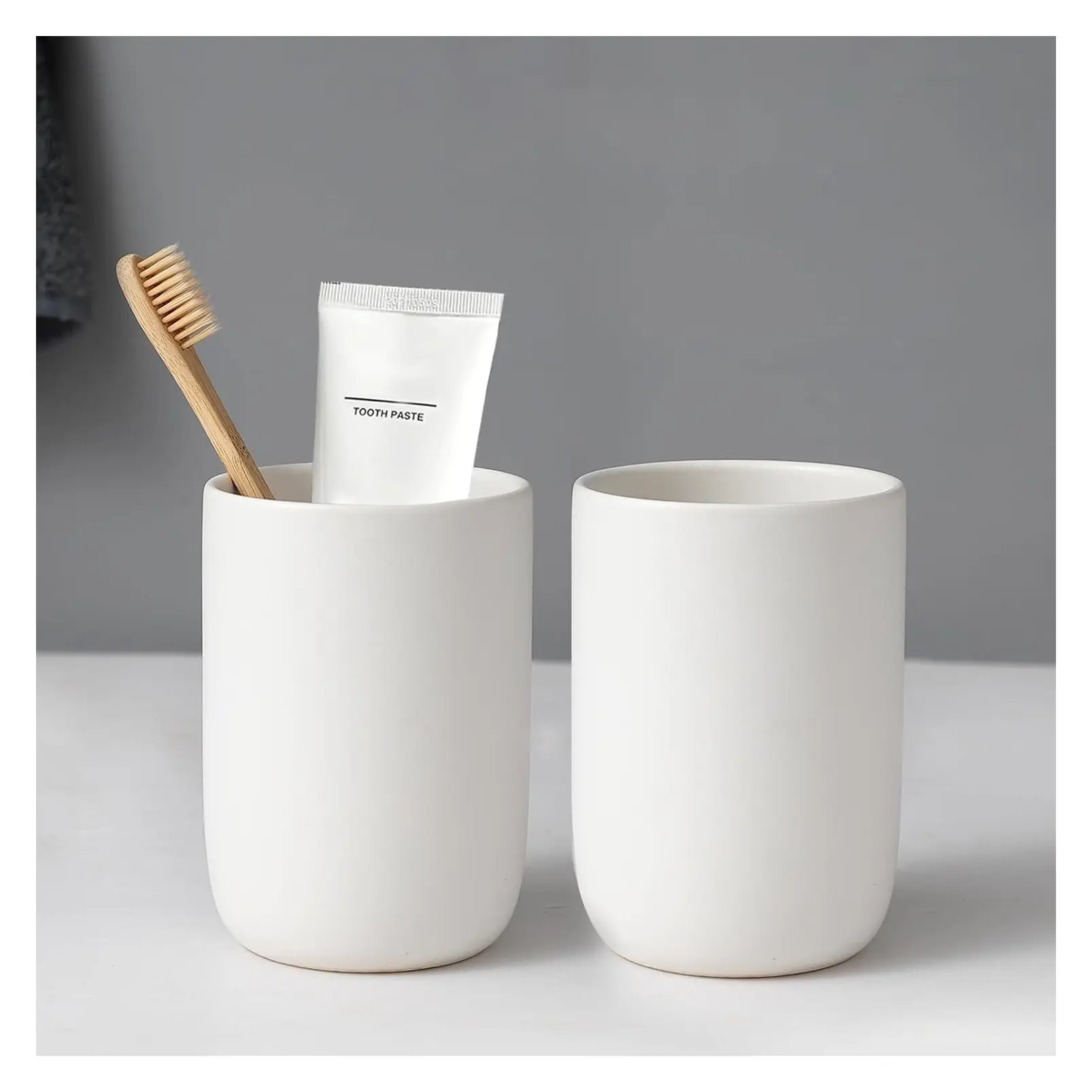Ceramic Bathroom Toothbrush Holder Set, 2-Cup White Toothbrush and Toothpaste Stand, Reusable Mouthwash Cup Organizer for CountertopGift