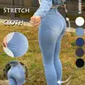Women's High Waist Tight Jeans, Comfortable Elastic Conical Jeans, Y2K Style Washed Blue, Zipper Button Closure, Streetwear Fashion