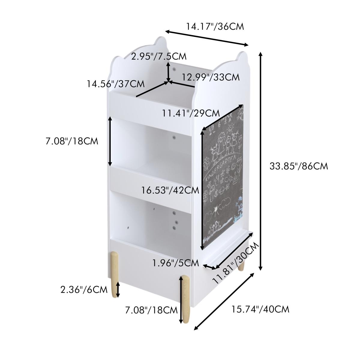 Kids Bookshelf with Chalkboard Side – Bear-Shaped Wooden Bookcase with 3-Tier Storage, Drawing Board for Toddlers, Toy and Book Organizer for Playroom or Bedroom – White