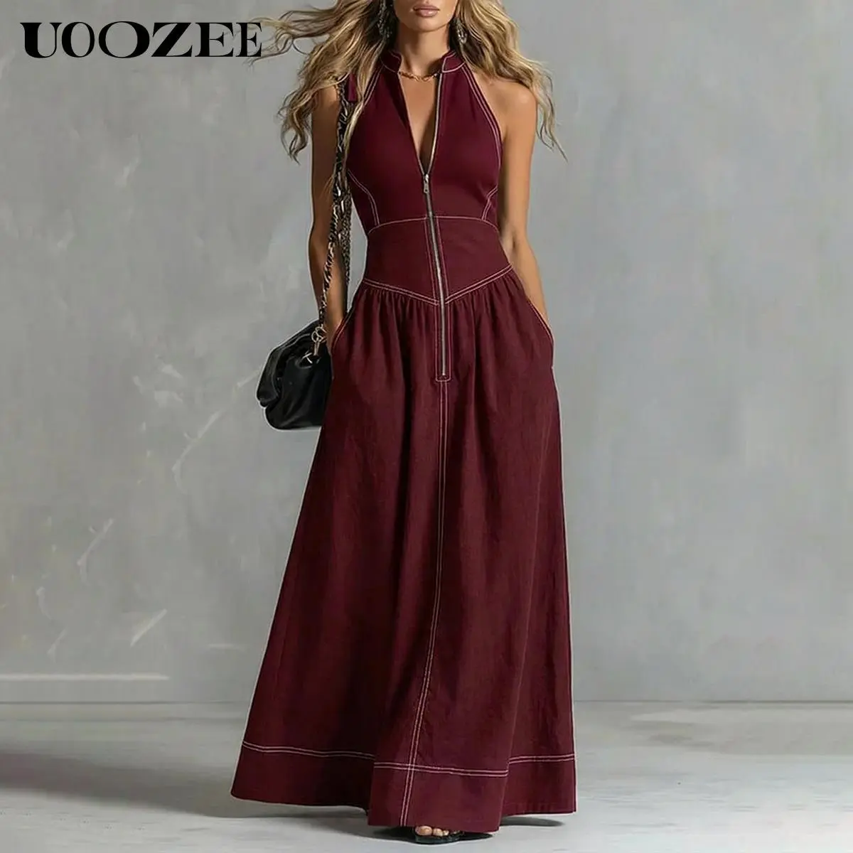 Uoozee Women's Minimalist Halter Neck Contrast-Stitch Maxi Dress - Lightweight Breathable Soft Polyester Sleeveless Strappy Zip-Front Dress with Pockets, Fitted Waist, Flowy Long Skirt, Comfortable Style for Evening Workwear (Size Up for Full Bust), Forma