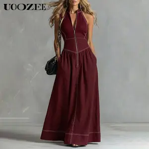 Uoozee Women's Minimalist Halter Neck Contrast-Stitch Maxi Dress - Lightweight Breathable Soft Polyester Sleeveless Zip-Front Dress with Pockets, Fitted Waist, Flowy Tall-Length Skirt, Chic Modern Casual Party Vacation Outfit (Size Up for Full Bust),summe