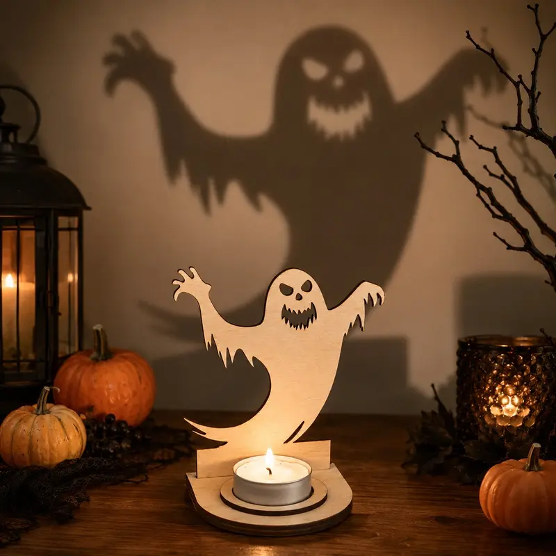 Halloween Wooden Tealight Holder Set Spooky Shadow Candle Holder Halloween Table Decor Party Home Ornament