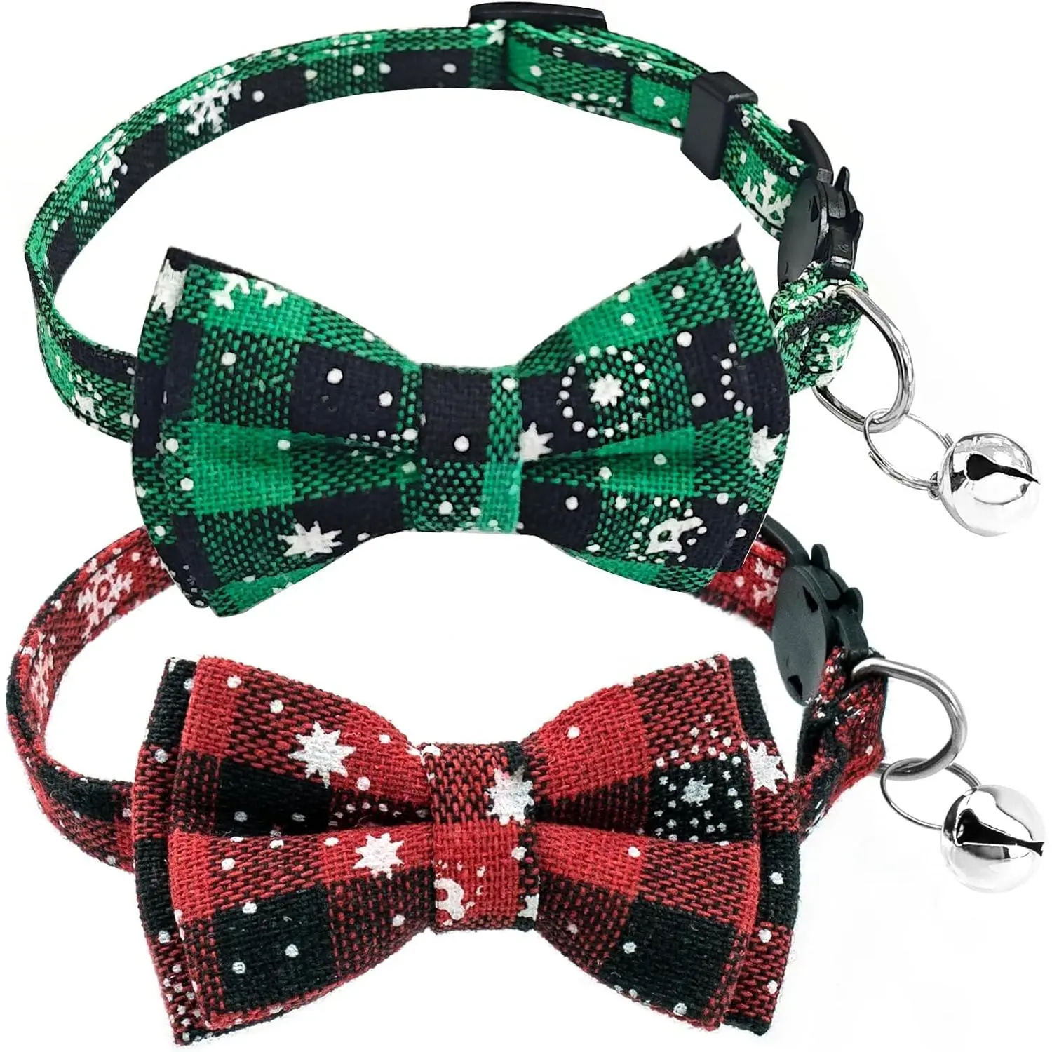 2 PCS Christmas Cat Collar with Bow Tie and Bell Breakaway Cute Christmas Adjustable Cat Bow Tie Collar for Kitten Puppy (Red, Green)