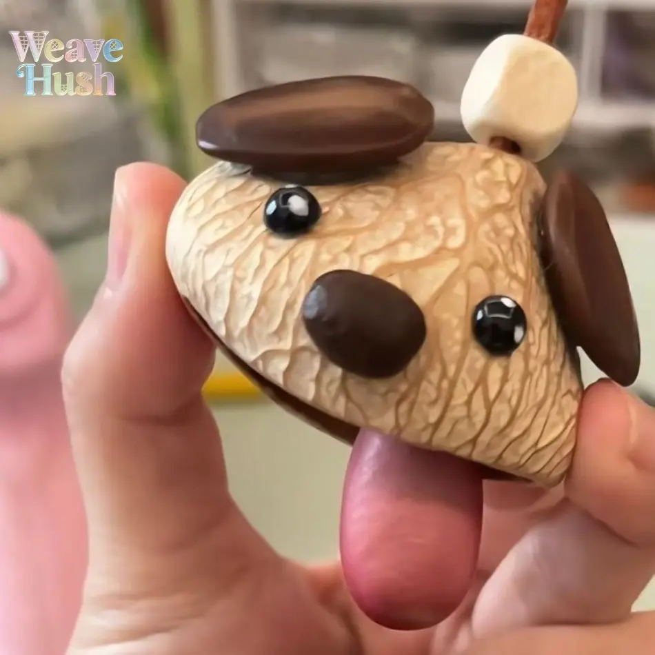 Cute Puppy Charm with Stick-Out Tongue, Handmade Nut Shell Hanging Ornament, Small Multi-Use Bag Charm & Market Stall Gift, Base Nutshell Puppy Sticks Out Its Tongue, Handmade Look, Small Size