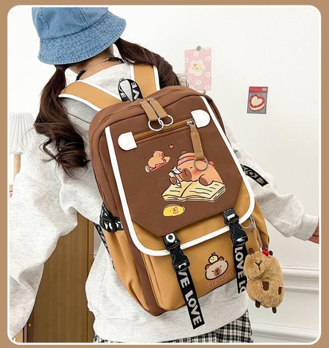 Capybara Backpacks Schoolbag for Teenage Waterproof Girls Boys Backpack Female Travel Bag Bookbag Mochila with Plush Keychain