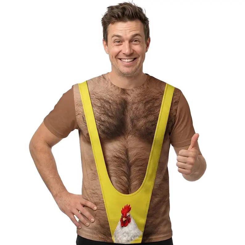 Funny 3D Graphic T-Shirt for Men Women, Muscle Chest Hair Costume Shirt, Novelty Gag Gift Tee, Party Outfit Halloween Shirt