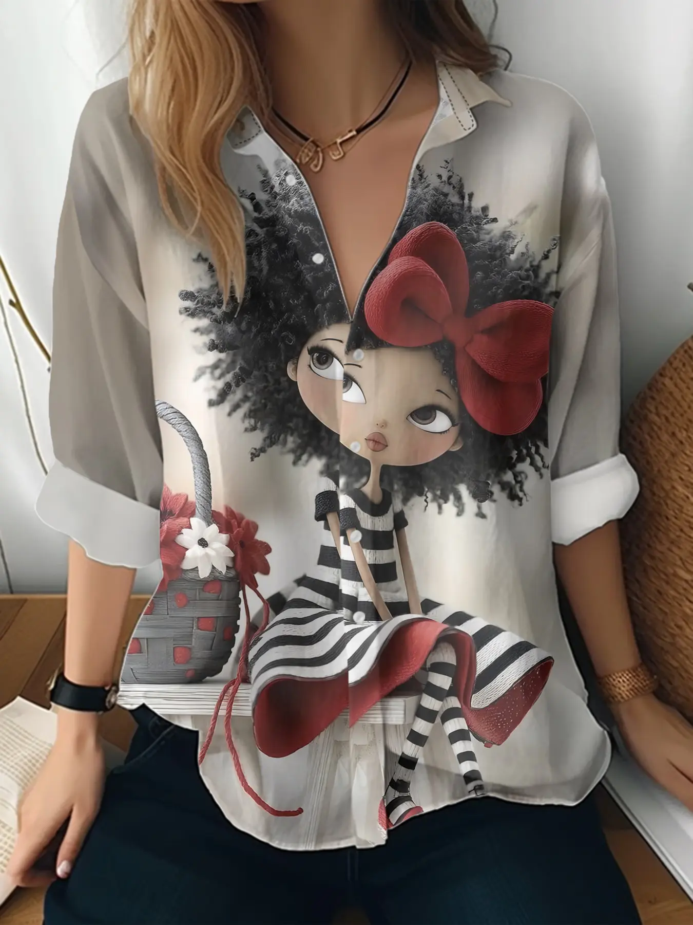 2026 New Women's Retro Cartoon Explosive Hair Bow Girl Print Shirt, Contrast Collar Loose Fit Blouse, Casual Sleeveless Top