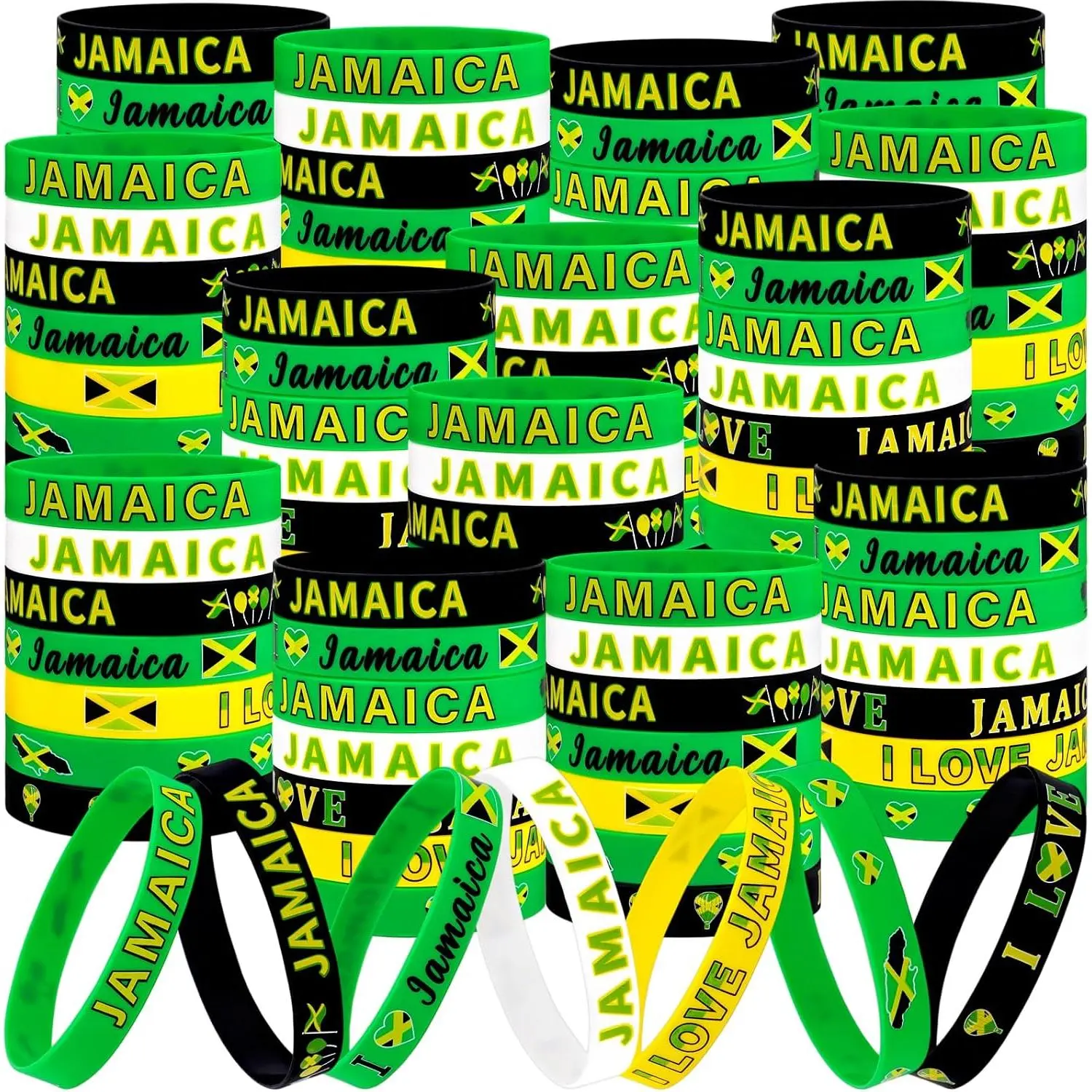 100Pcs Jamaica Theme Flexible Silicon Bracelets Bulk Pack, Flag Print Lightweight Band Party Favors, Green-Black-Yellow Rubber Wristbands Goodie Bag Stuffers (7 Designs)