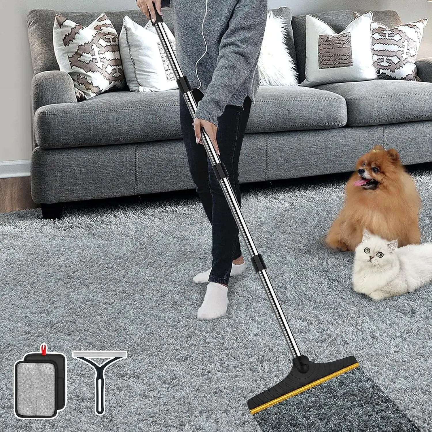 Carpet Rake for Pet Hair Removal, Reusable Pet Hair Remover with 60” Adjustable Long Handle, Carpet Scraper Broom Fur Sweeper Tool for Removing Dog Cat Hair from Rugs, Mats
