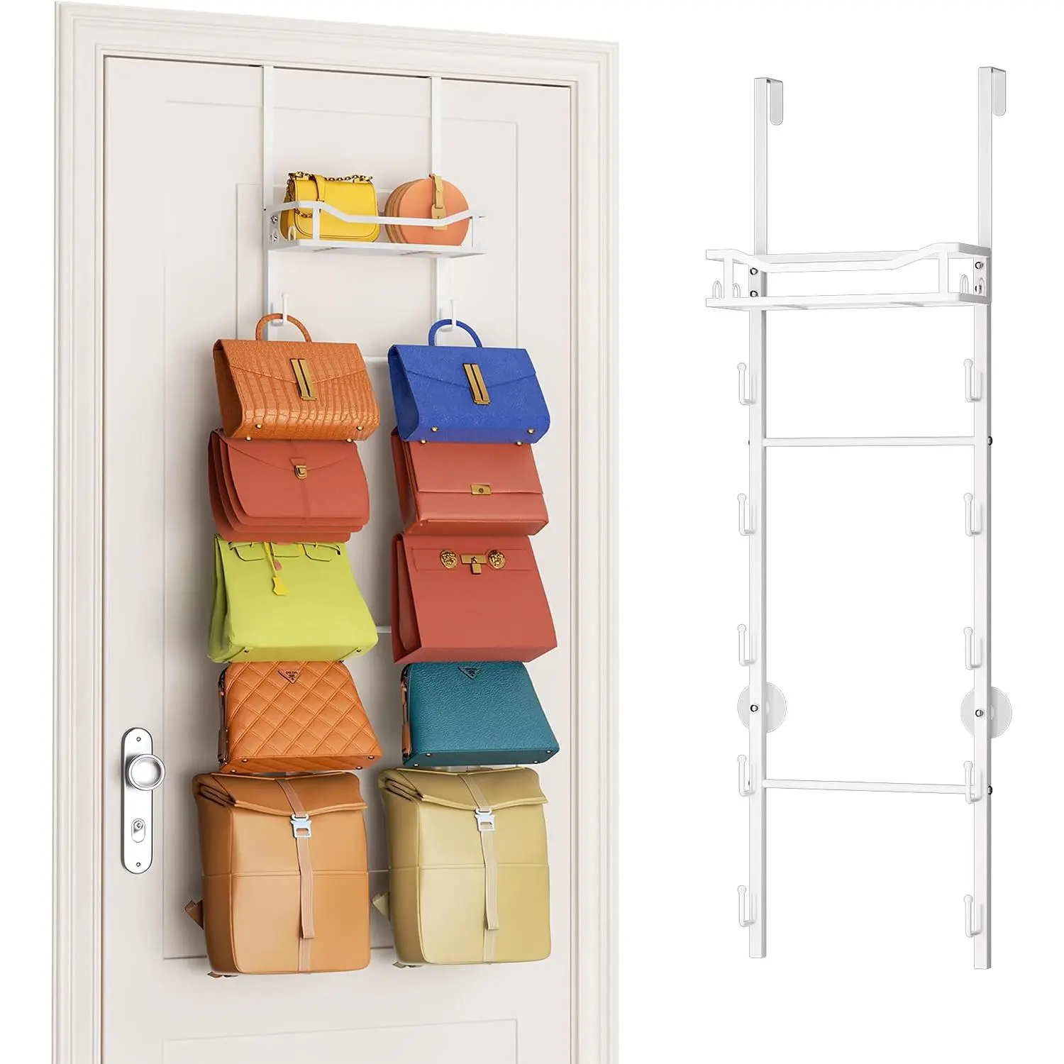 Over The Door Purse Organizer - Wall Mounted Purse Rack with 10 Hooks and Metal Basket, Handbag Hanger Organizer Holds up to 10 Bags, Bag Rack Can Use As 1/2 Part, for Door, Closet