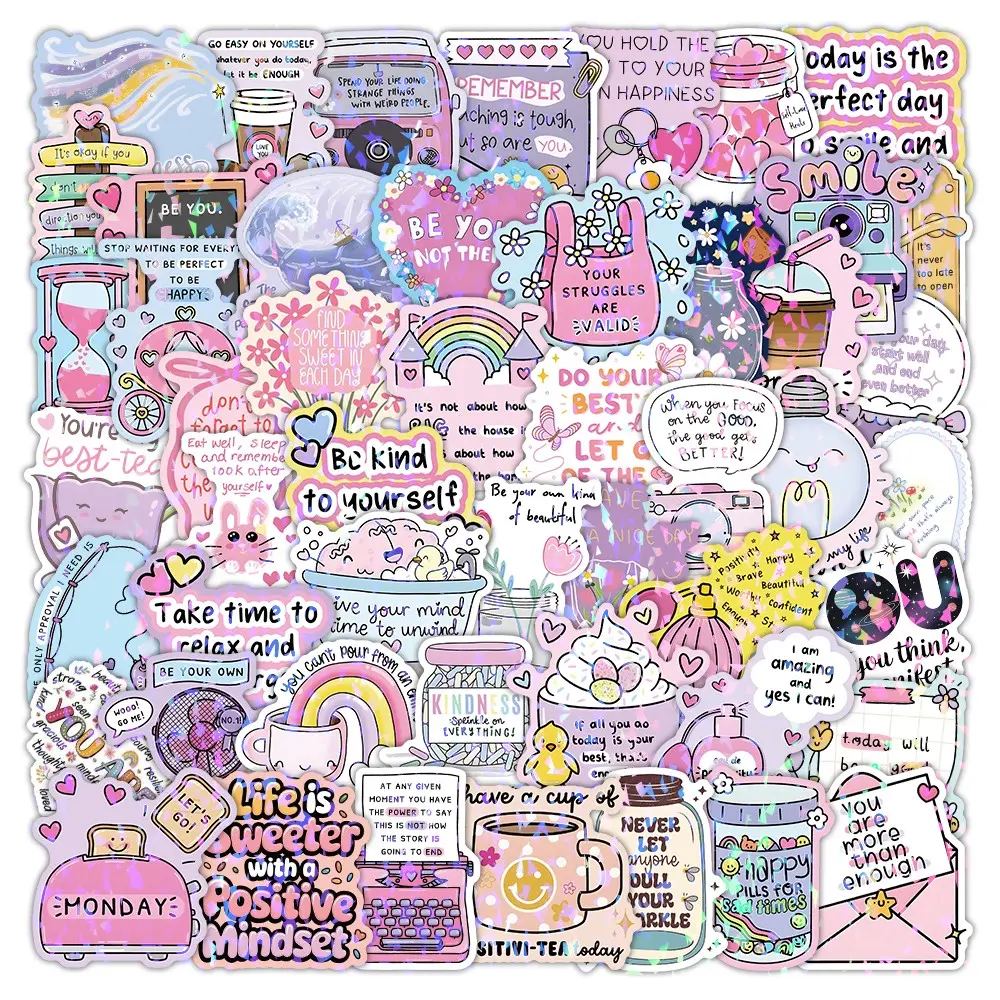 50pcs Holographic Affirmation Stickers, Scrapbooking Stickers, Positive Stickers - 'Brighter Days Ahead' Quotes with Flowers & Rainbows, for Journals, Notebooks, Mental Wellness Gifts, Iridescent Motivation