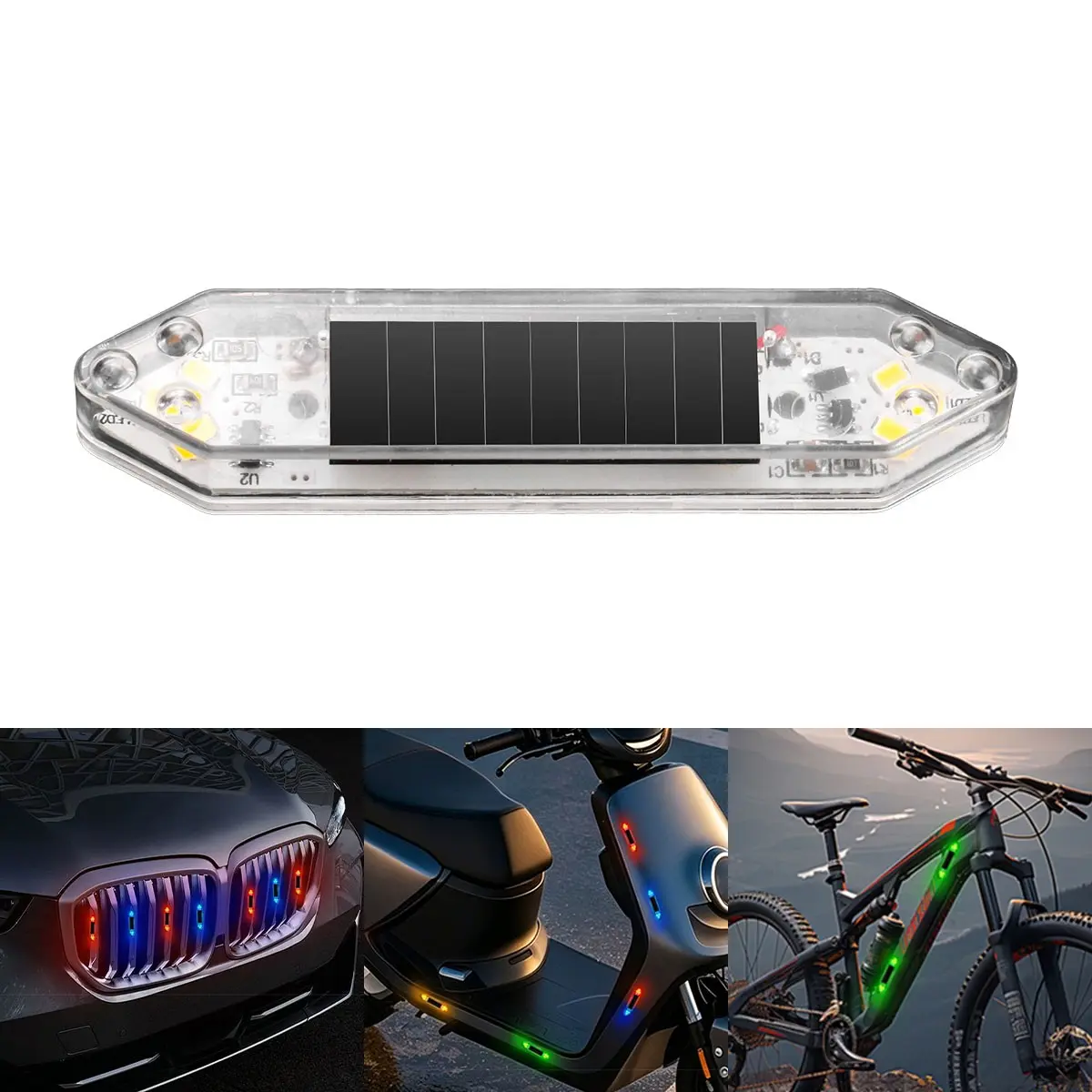 Dual Arrow LED Light, Solar Sensor Lamp, Acrylic Spotlight, Warning Flashlight, Bright and Compact, Adhesive, for Car, Truck, Bike, Drone, Outdoor Sports