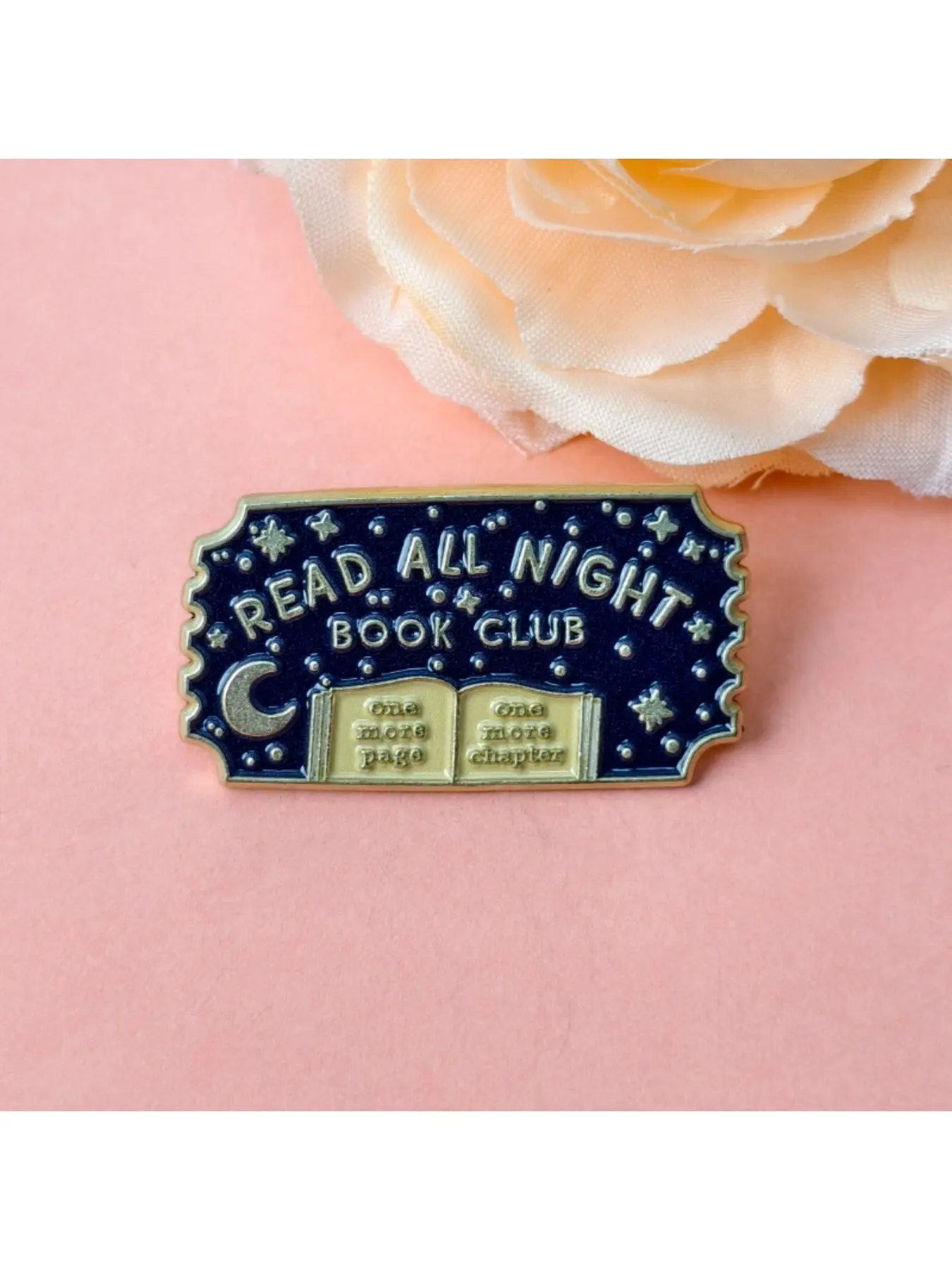 "Read All Night Book Club One More Page One More Chapter" Quote Elegant Brooch Enamel Lapel Pins for Night Owl Readers & Book Club Enthusiasts