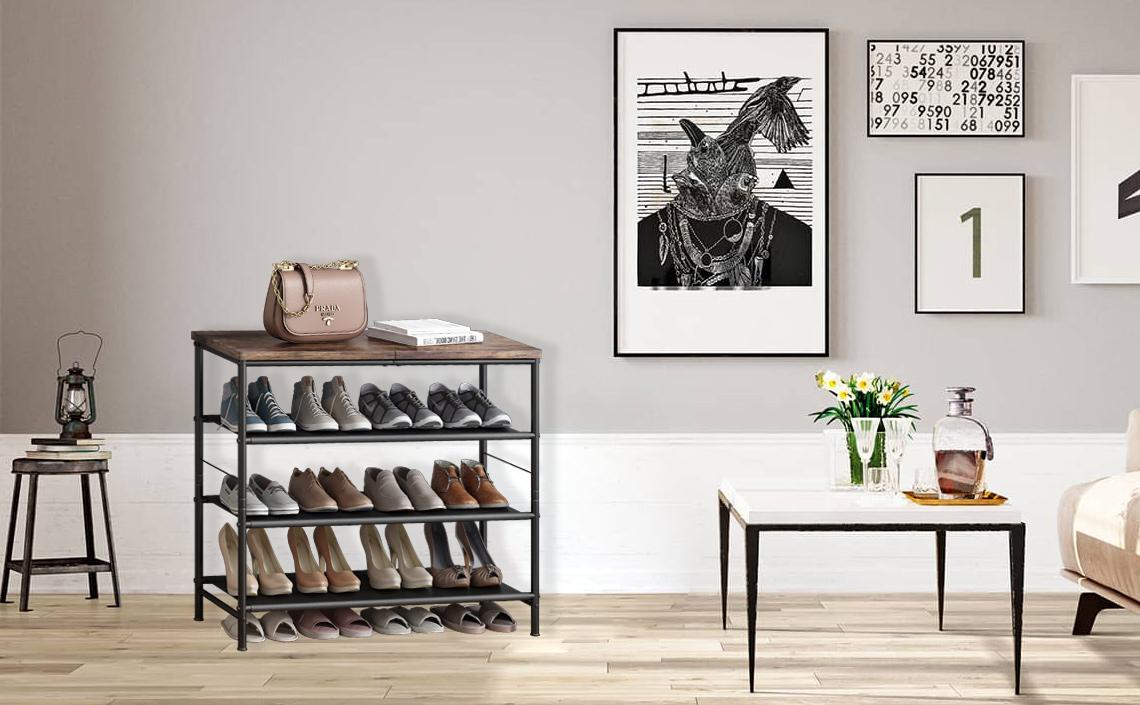 Shoe Rack Organizer 4/ 5/ 6/ Tier Metal Organizer Shelf with Industrial MDF Board and Layer Fabric for Entryway Closet Bedroom Living Room Garage,Black & Rustic Brown【A001】 Deals For You Days Footwear Organization summerwins