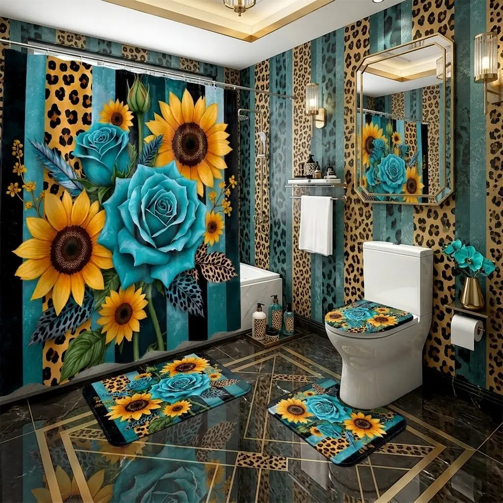 4pcs Vintage Leopard Striped Sunflower & Teal Rose Shower Curtain Set, Bohemian Floral Art Bathroom Set with Toilet Lid Cover & Matching Floor Mats, Farmhouse Bathroom Decor, Farmhouse Bathroom Accent for Autumn Holiday Home Styling