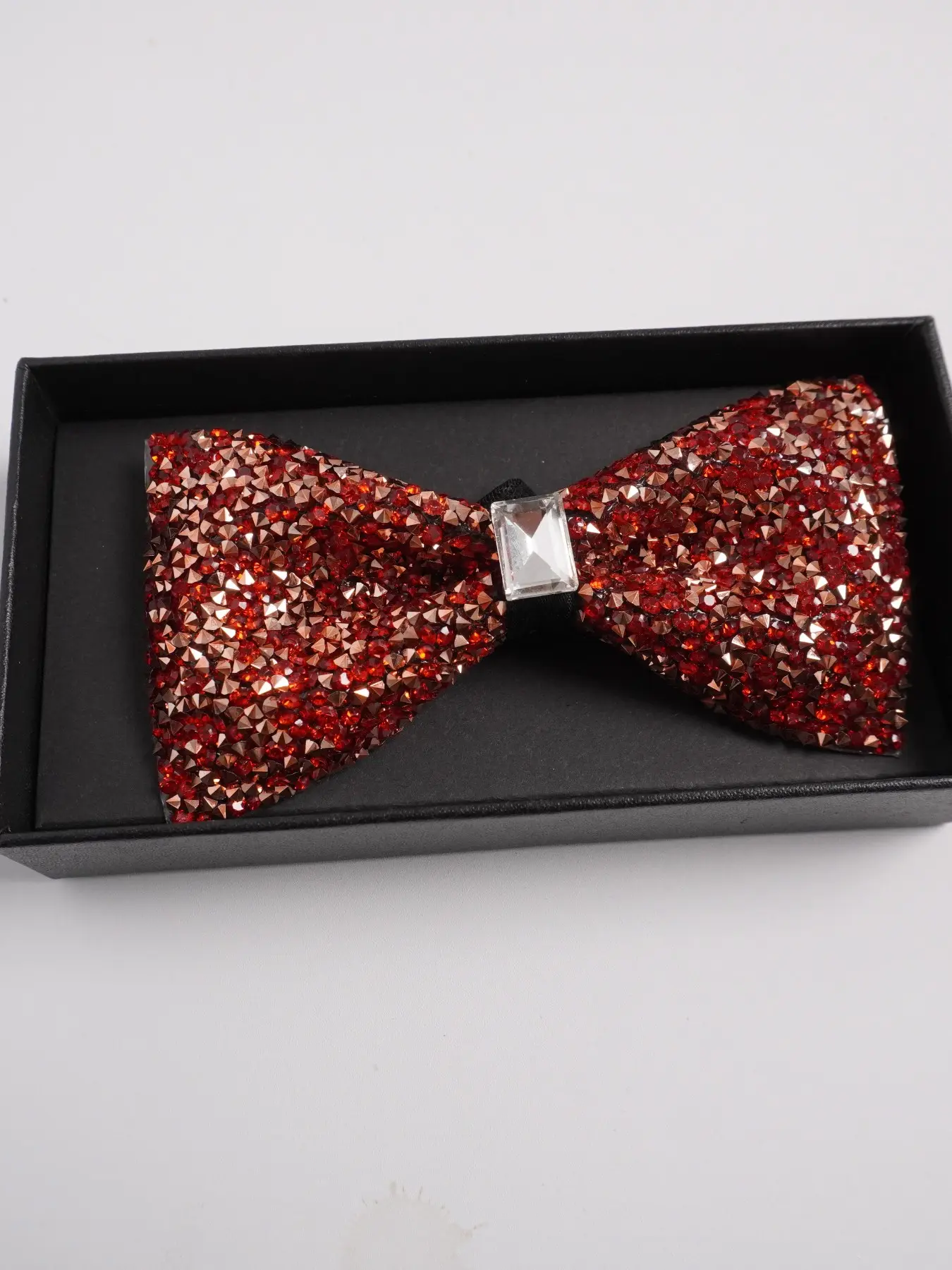 1pcs Gift Box Bowtie with Stone Inlay, Square Crystal Clip, Solid Pattern, Regular Width, Perfect for Groom Wedding Suit Accessories