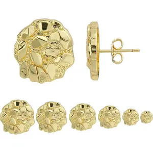 14k Gold Plated Round Rough Textured Cookie Nugget Stud Earrings For Men/Women UnisexGift.