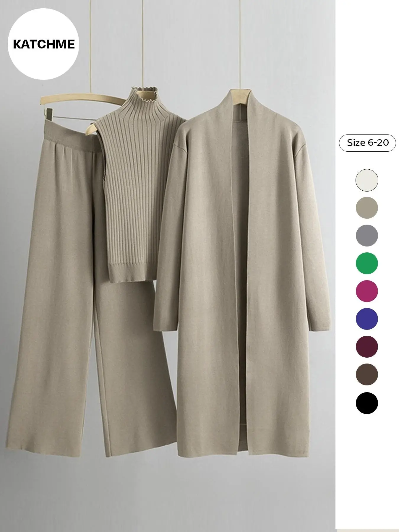 Women's Three-Piece Knit Set, Long Open Front Cashmere Sweater, Sleeveless High Neck Pullover, Ribbed Vest, Wide Leg Pants, Casual#TikTokMadeMeBuyIt #CasualChic#MatchingSet