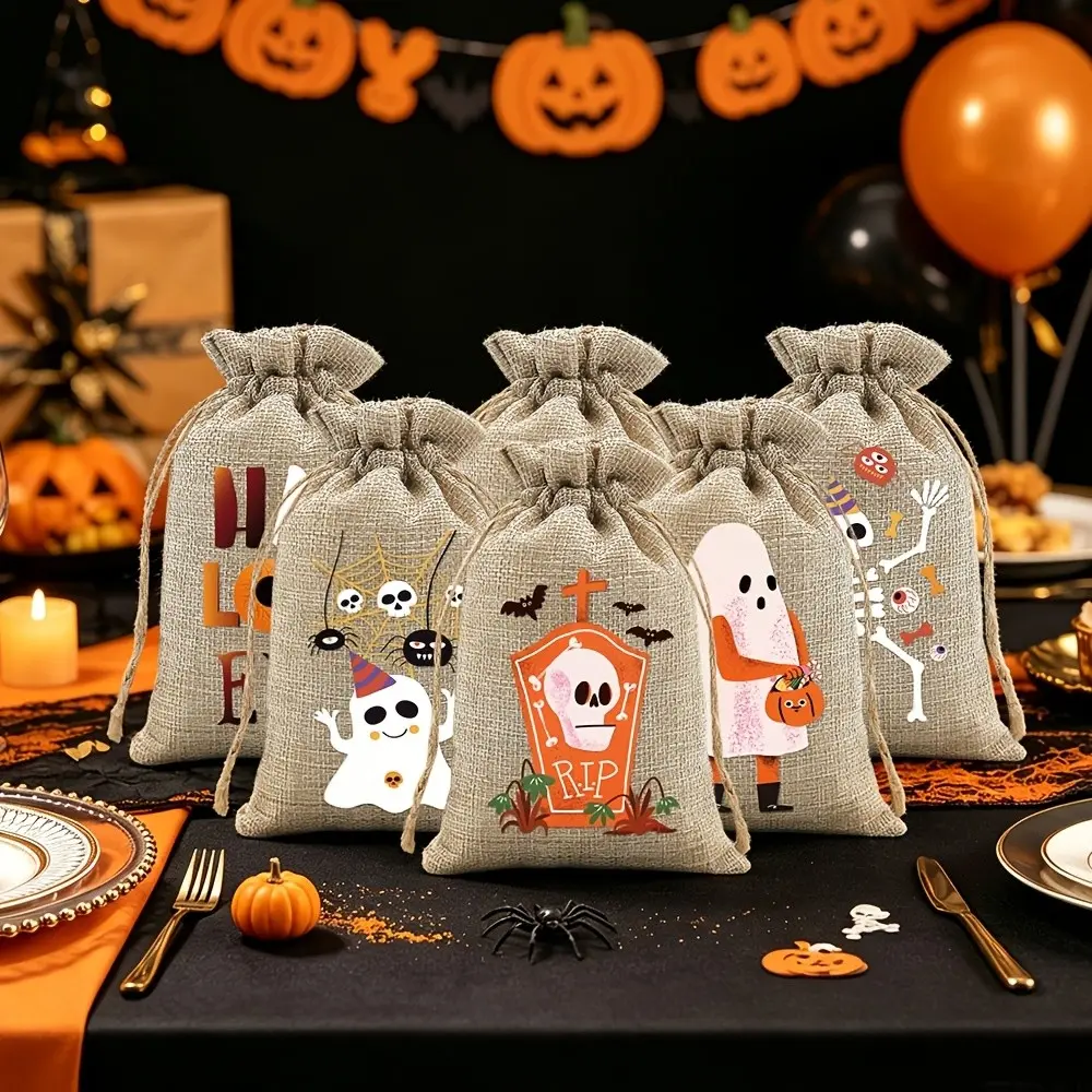 Halloween Gift Bags for All Ages, Reusable Linen Drawstring Bags with Cute Haunted House Design, Party & Classroom Gifts, Halloween Decorations