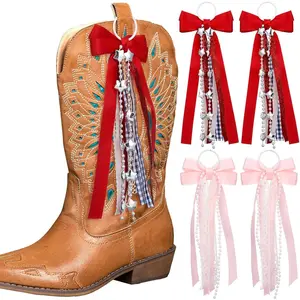 4 Pcs Western Ribbon for Cowboy Boots Martin Cowgirl Boot Bows Satin Buffalo Plaid Bows with Glitter Pearl Lace DIY Shoe Costume Charms for Women Birthday Baby Shower Partyfidget toys