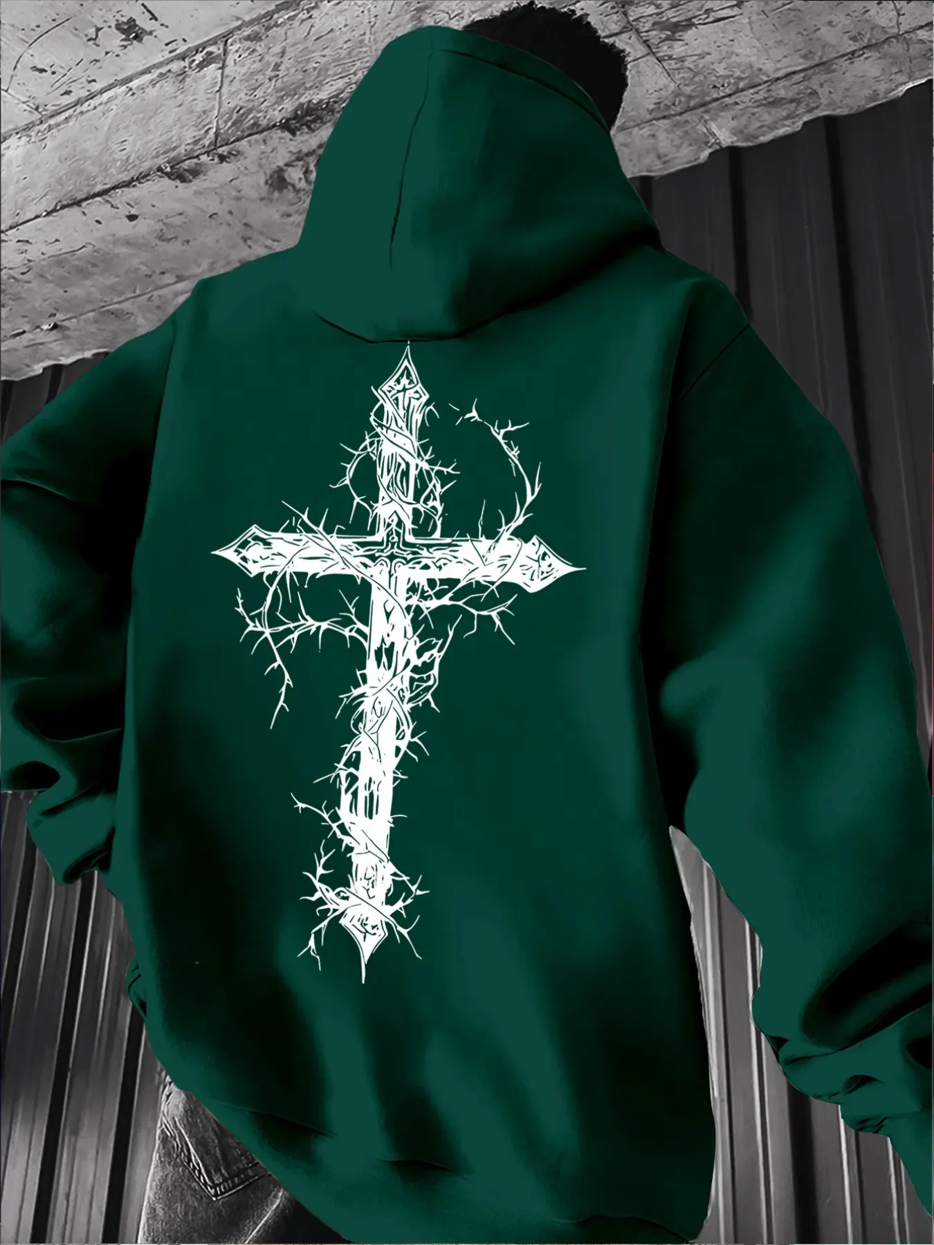 Men's Thorn Cross Hoodie, Vintage Cross Back Design, Loose Fit, Drawstring Hat, Kangaroo Pocket, Gothic Style, Fall Winter Wear, Casual Pullover Hoodies