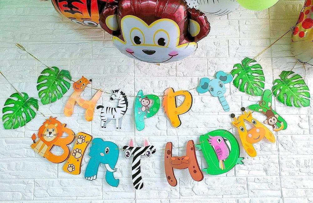Safari Animals Happy Birthday Banner Pennant Foil Animal Balloons for Kids Jungle Safari Zoo Theme Party Decoration Supplies Toy