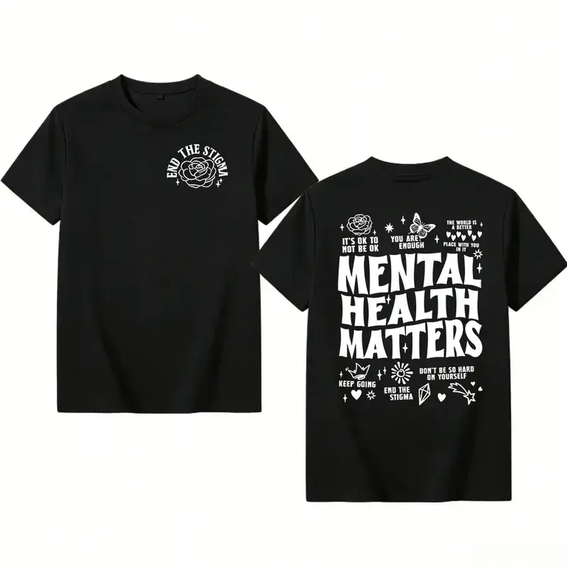 Mental Health Matters" T-Shirt, Positive Affirmation Double-Sided Tee 5-piece men y2k woman men graphic tee casual loose fit round neck