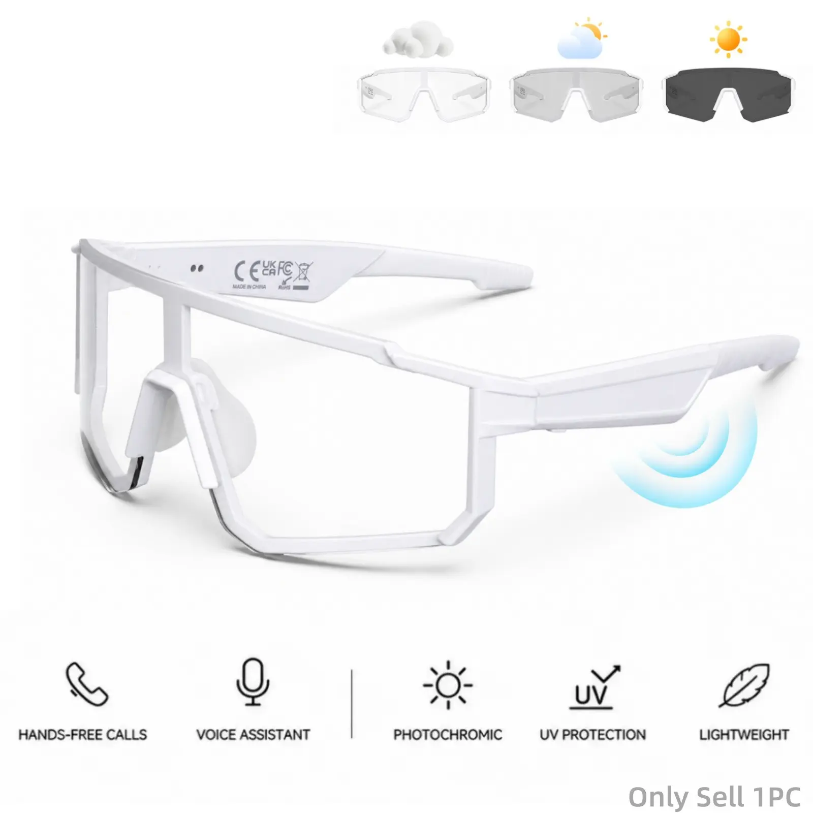 Photochromic Bluetooth Audio Sports Sunglasses, Open-Ear Smart Glasses with Speakers, Mic and Voice Assistant for Cycling Running Driving Fishing
