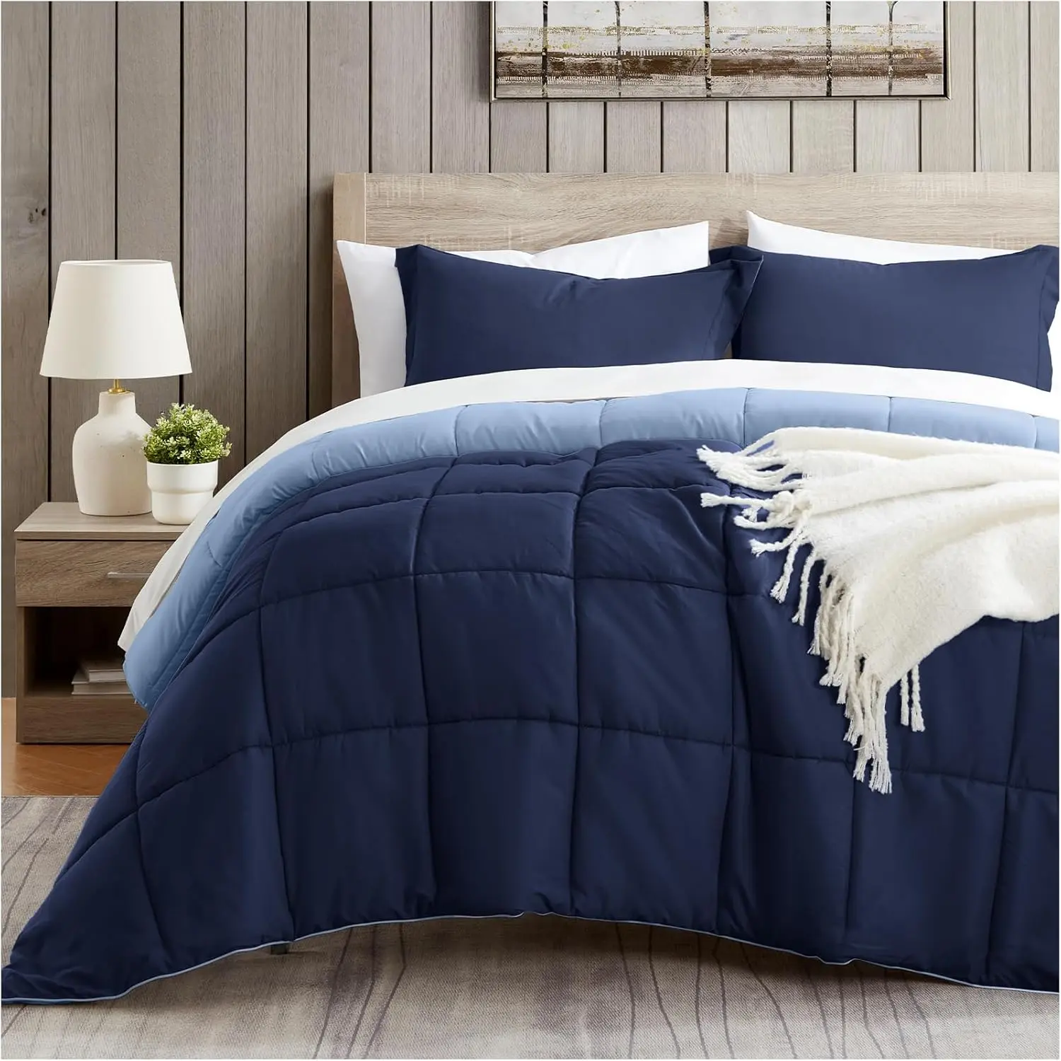Queen Comforter Set - Navy Blue 3-Piece Reversible Down Alternative Bedding, Lightweight Soft Quilted Breathable All-Season Bed Comforter Set