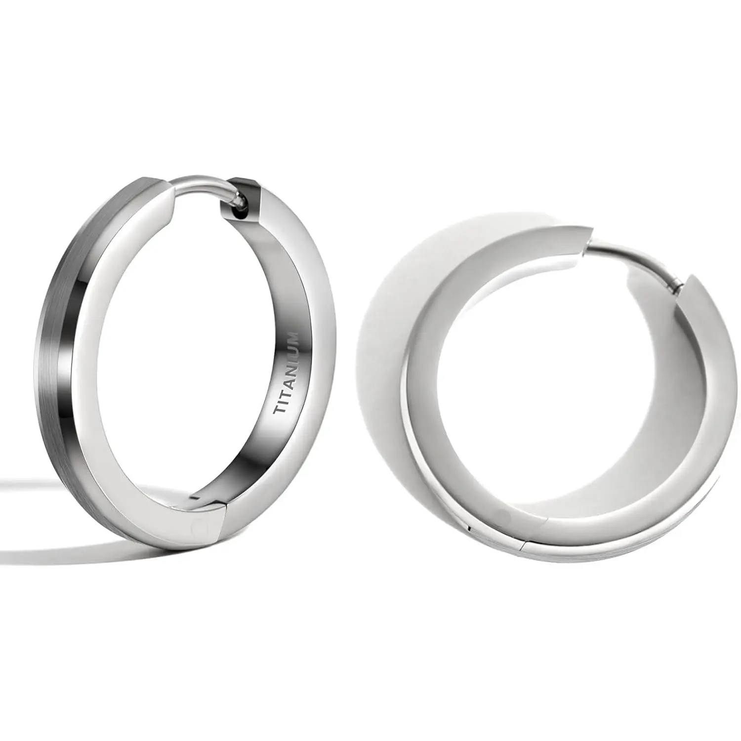 TGNEL Black Large Mens Earring Titanium Hoop Earrings for Sensitive Ears, Fashion Bevel Brushed Titanium Earrings for Men Women Silver/Black