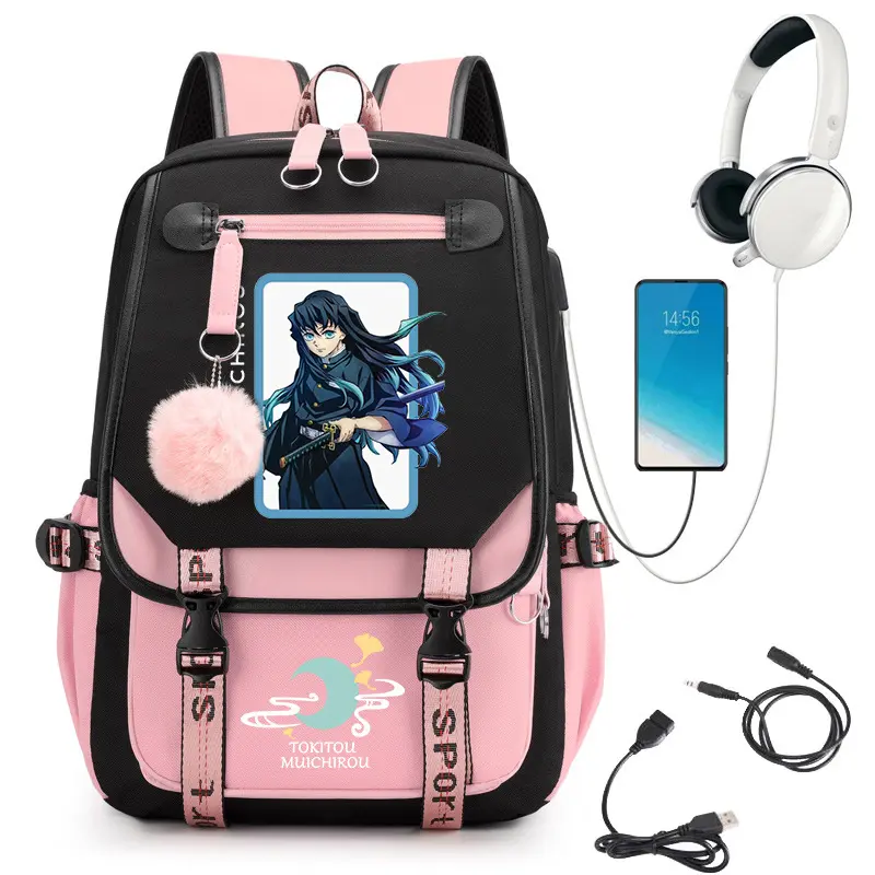 Demon Slayer Muichiro Tokito Backpack, Cowhide Leather Korean Chic Unisex Multi-Func. Plain Base Large Capacity School Bookbag for Kids Teens