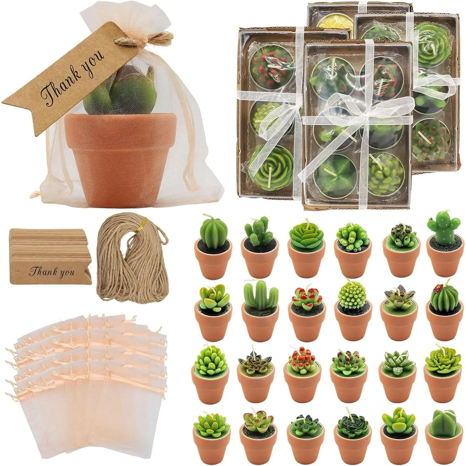 24 count Succulent Candles Party Favors, Bulk Cactus Table Decor with Mini Terracotta Holders,    Tealights Candle Decoration for Shower Bridal  Wedding  Birthday