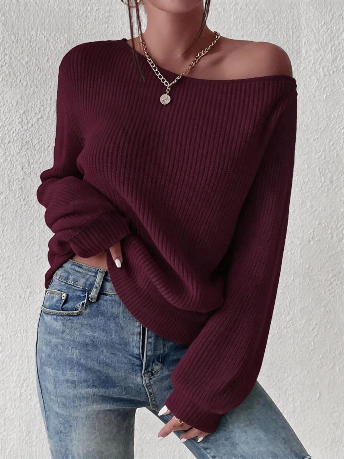 New Unique Off-Shoulder Pullover Sweater with One-Shoulder Neckline Loose Knit Top, Casual and Stylish Women's Fashion for Cold Weather