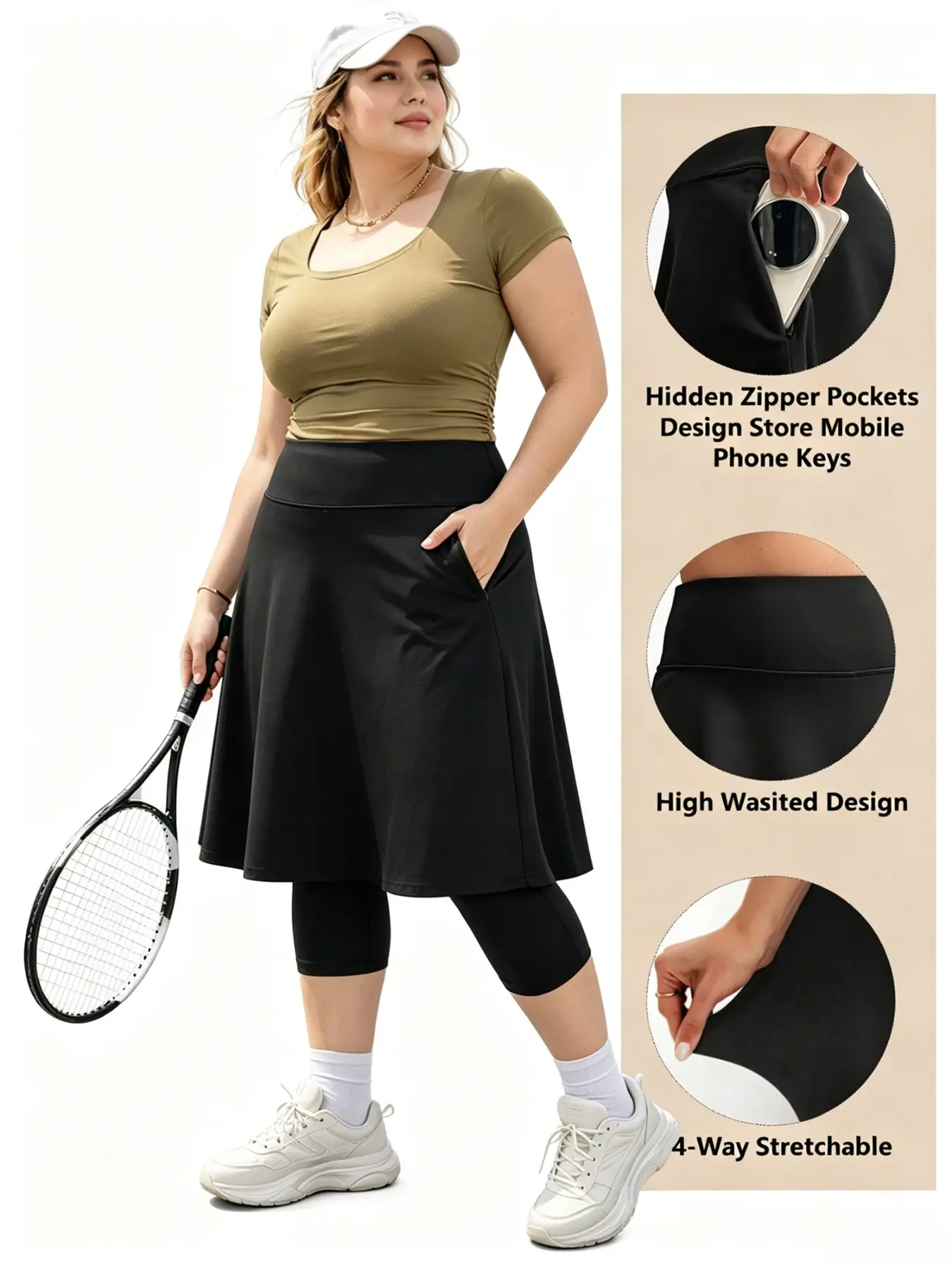 Plus Skirted Capris Sports Skorts Women Long Knee Length Skirt with Capris Leggings,Skirted Leggings with High Waisted Zipper Pockets