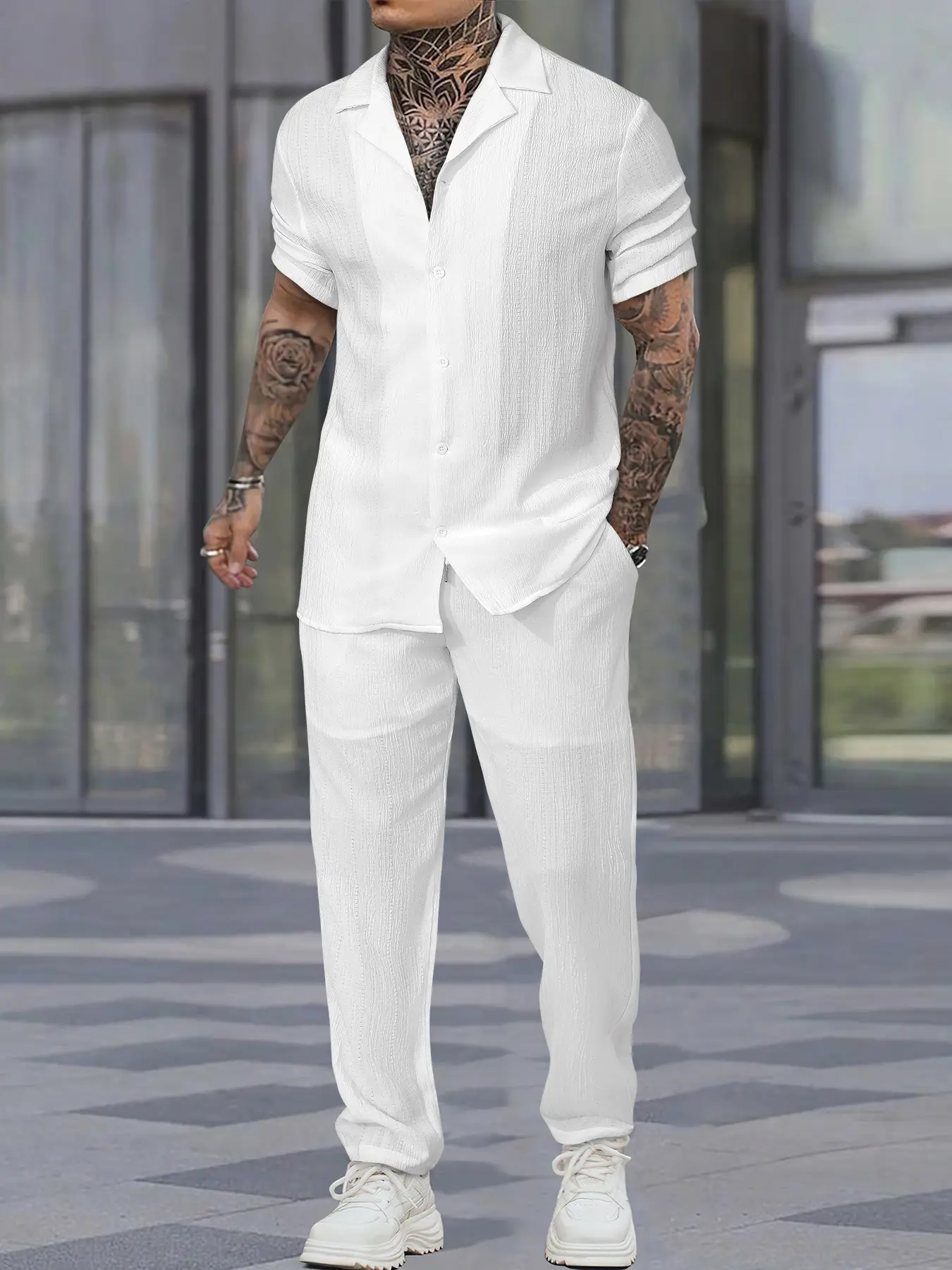 Men's Summer New Arrival High-End Texture Set, Pleated Ice Silk Lapel Short Sleeve Shirt + Elastic Waist Drawstring Pants, Breathable Comfort
