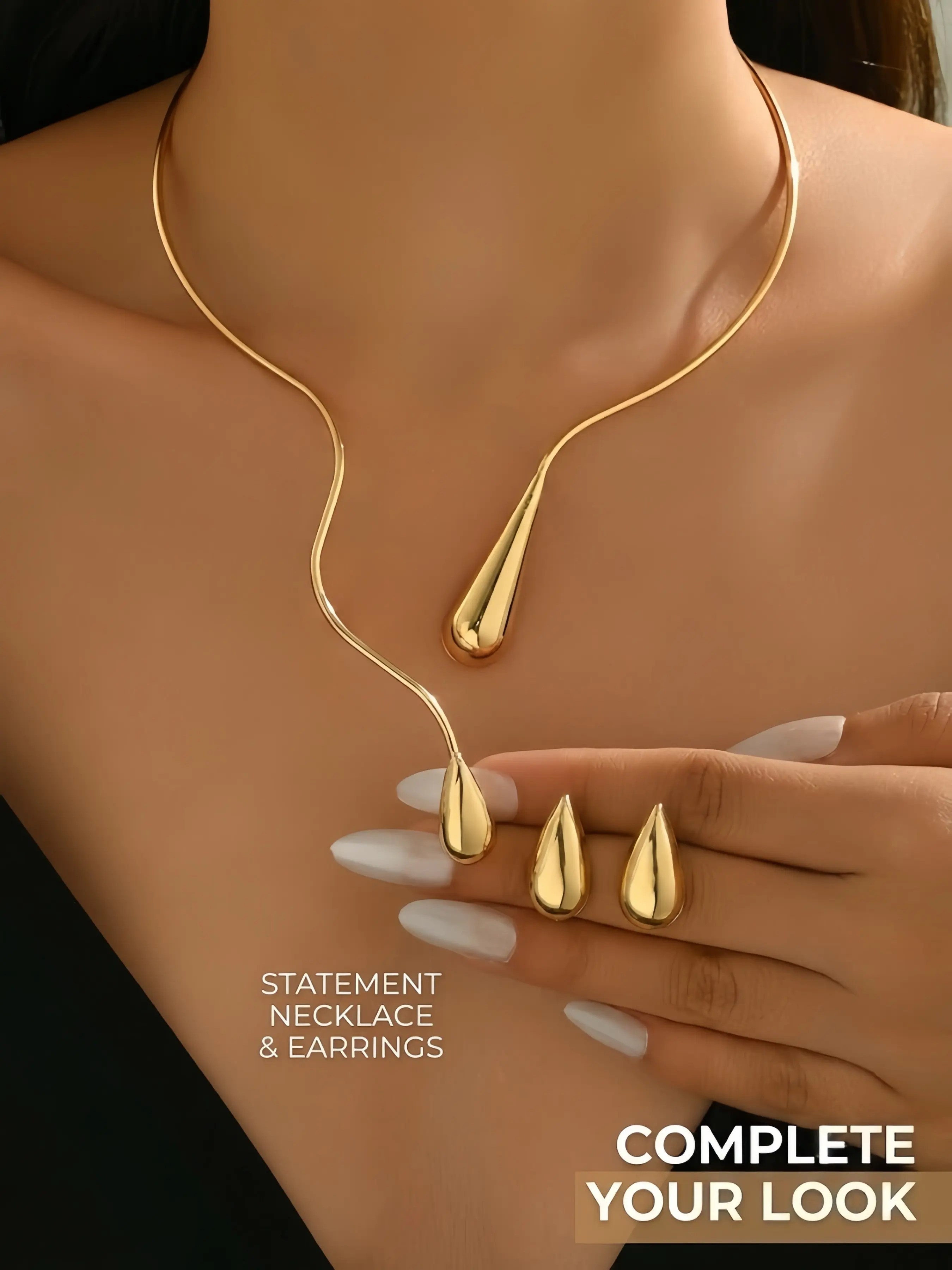 3pcs Minimalist Gold-Tone Sleek Teardrop Necklace & Earring Set for Women, Elegant Polished Choker with Matching Stud Earrings, Versatile Jewelry Set for Office & Everyday Wear, Perfect Gift for Her, Fashion Jewelry Set