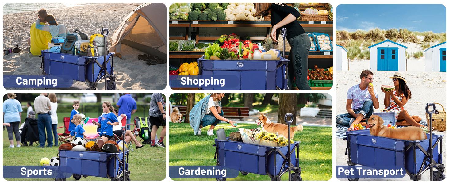 Tailgate Collapsible Folding Wagon Cart, Push Pull Beach Wagon Foldable, Grocery Cart with Side Pockets for Camping,, Shopping, Holds 225 lbs, Blue