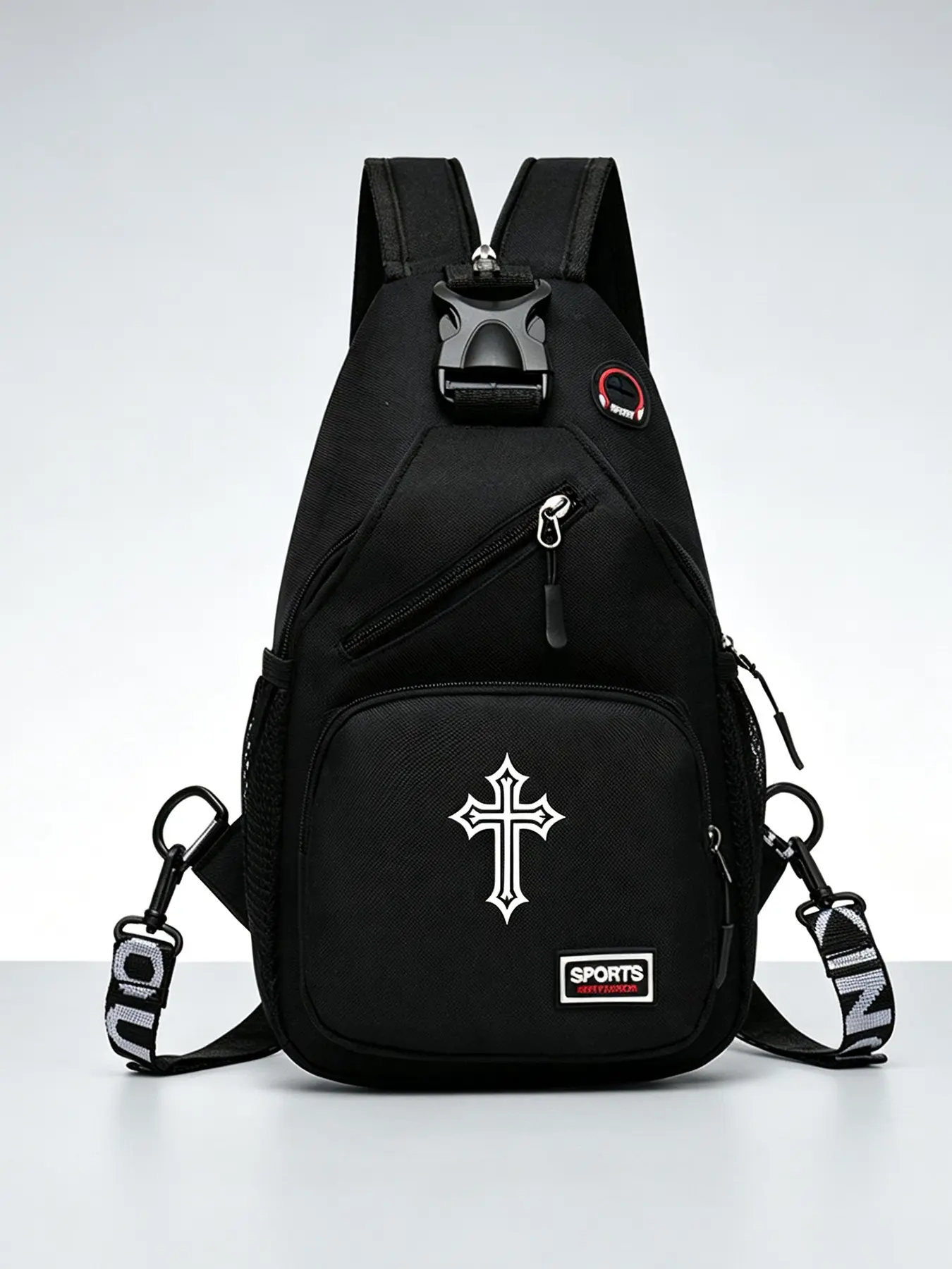 Cross Print Men's Messenger Bag, New Punk Style Small Crossbody Backpack, Trendy Shoulder Bag, Dark Chest Bag for All Seasons