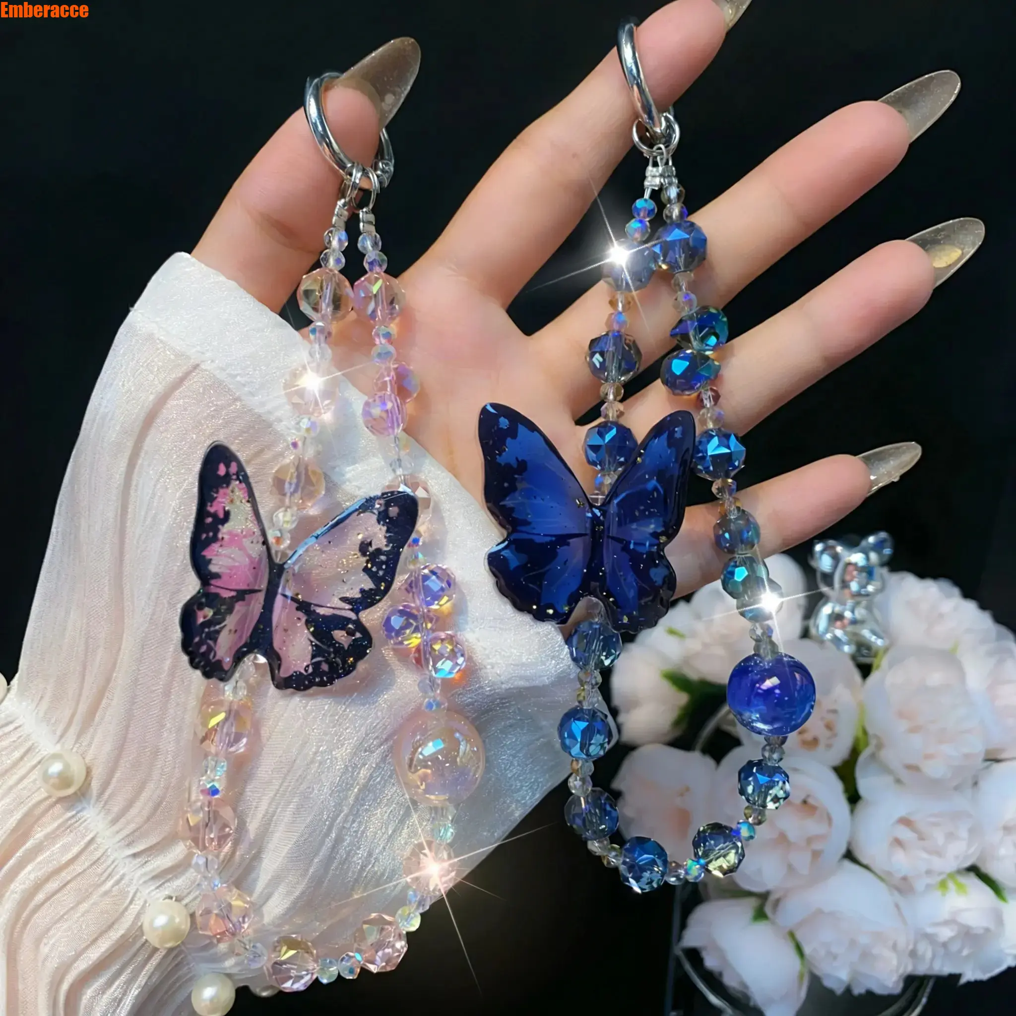 Glitter Butterfly Phone Charm Strap, Crystal Beaded Wrist Strap for iPhone & Samsung, Cute Y2K Aesthetic Phone Accessory with Bling Butterfly Design, Kawaii Cellphone Lanyard for Daily Use, Travel, Party & Gift, Phone Strap, Adjustable Strap