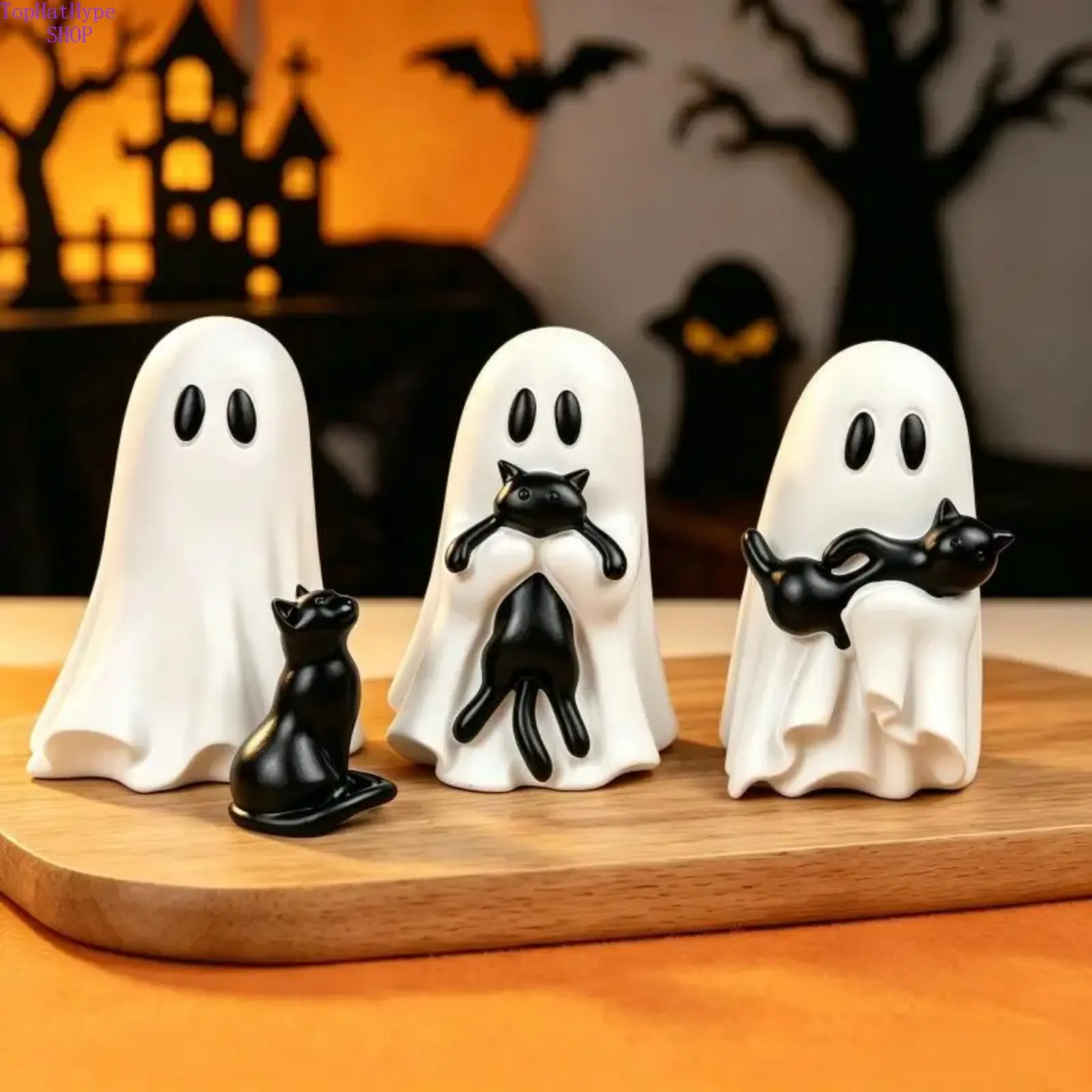 Gothic Resin Figurine of a Ghost Hugging a Black Cat, Spooky Tabletop Ornament, Witchy Halloween Home Decor, Goth Shelf Accent, Aesthetic, Hug Shape