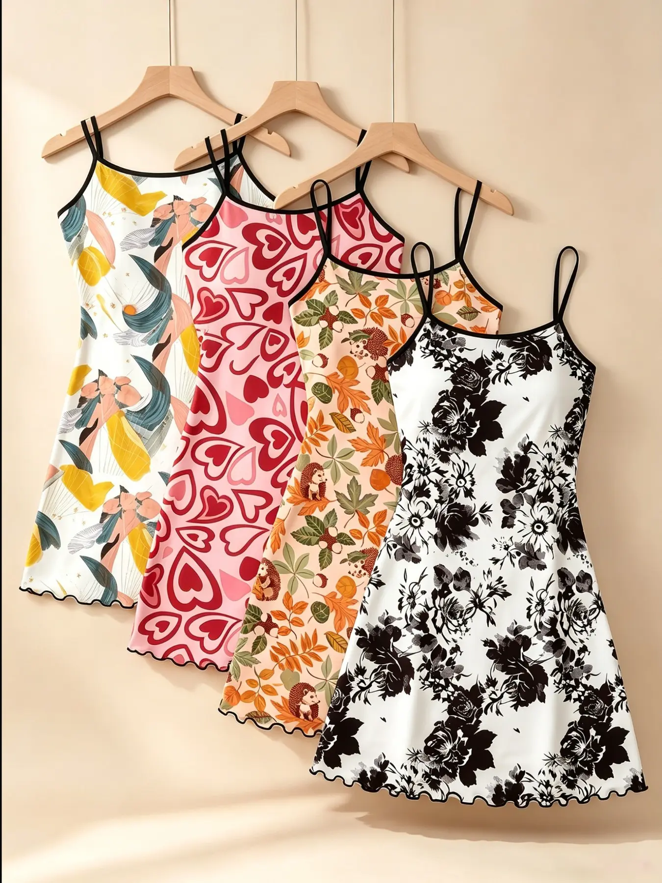 Women's Sleepwear & Loungewear 4 Pack Multipack Value Set Heart Floral Hedgehog Print Summer Spaghetti Strap Ruffle Lettuce Hem Contrast Trim Soft Breathable Stretchy Lightweight Sleeveless Cami Nightgown Casual Slip Dress Home Daily Wear