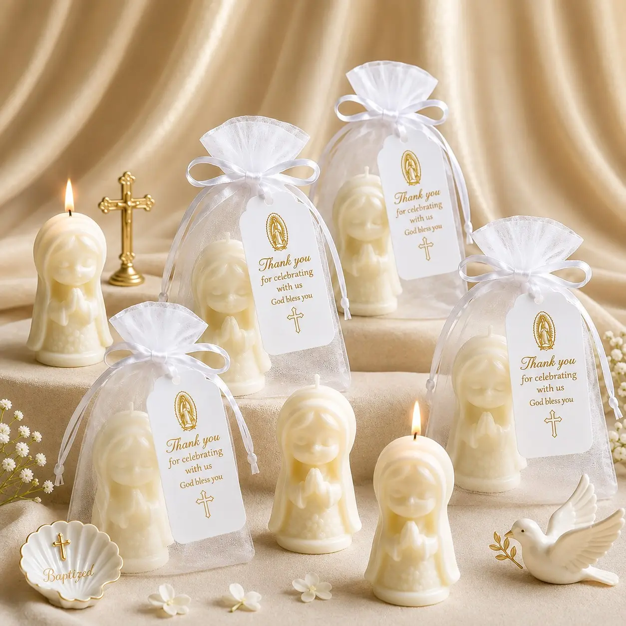 10 Sets Baby Shower Favors for Guests, Religious Party Favors, Virgin Mary Shaped Candle Gift Sets with White Organza Gift Bags and Thank You Cards, Baptism and Christening Favors, First Communion, Confirmation and Christian Church Party Keepsakes