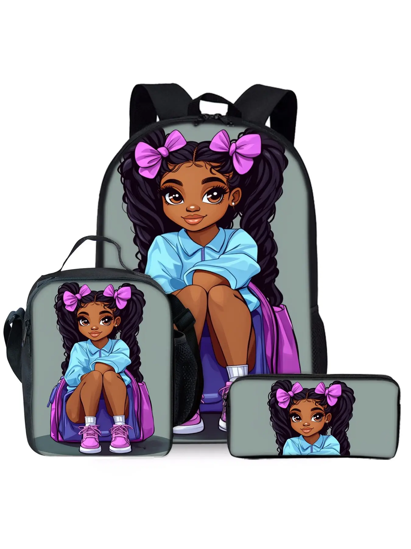 Girls' African Print 3-Piece School Backpack Set, Lunch Bag, Pencil Case, Backpack